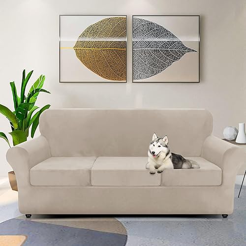 Miniatura 3 de ZNSAYOTX Funda de sofá de terciopelo de lujo 4 piezas (183-234 cm) Fundas elásticas para sofá de 3 cojines, funda de sofá gruesa y suave con correas