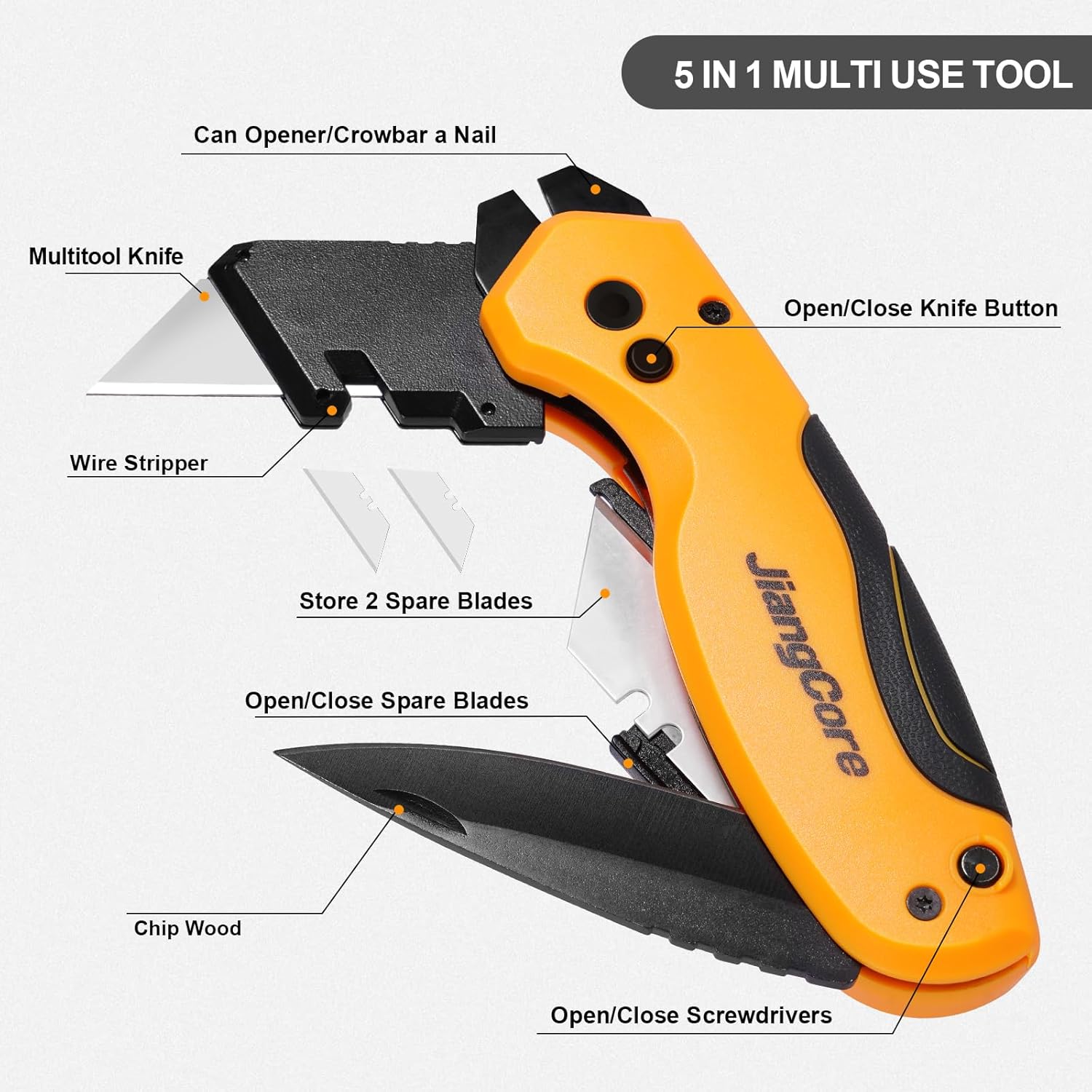 Folding Utility Knife with Pry Bar – Quick Change Box Cutter with Belt Clip, Liner Lock and 2 Extra SK5 Blades for Construction DIY and Outdoor Tasks