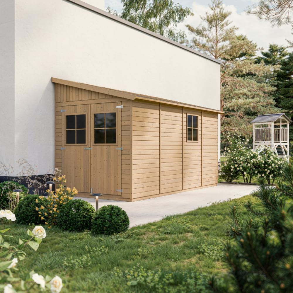 Cobertizo de Madera para jardín SIN Pared Lateral- con Suelo TRATADO – H243x216x416 cm/8 m2 Cobertizo de Madera Natural - Taller de Jardín - TIMBELA M340+M340G