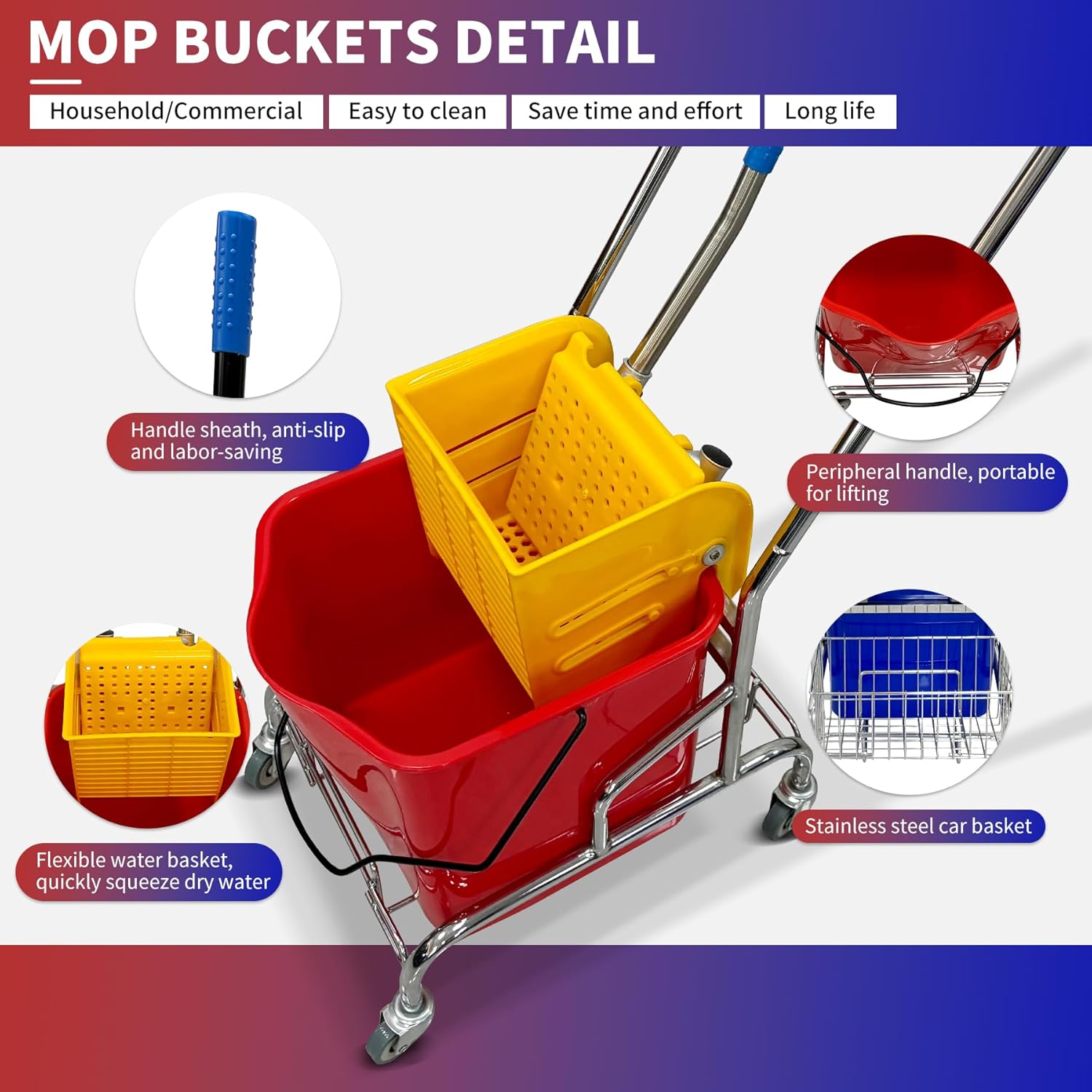 Commercial Mop Bucket with Wringer on Wheels 6.6-Gallon Heavy-Duty Plastic Cleaning System Side-Press Wringer Electroplated Frame, Dual Compartment for Floor Maintenance (Red, 6.6 Gallons)