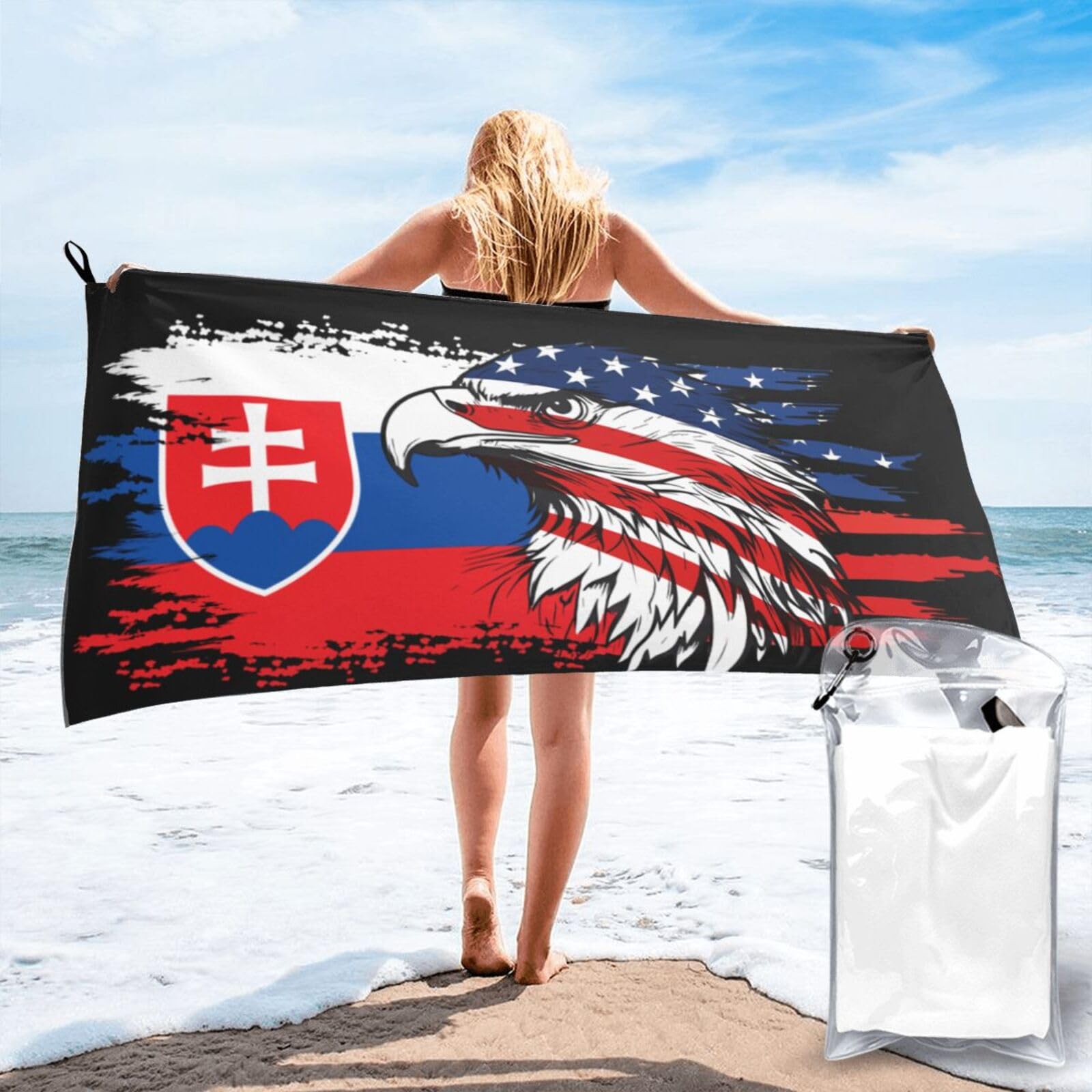 HACXZ America Flag and Slovakia Slovakian Flag Microfiber Beach Towel Lightweight Absorbent Travel Pool for Men Women 31.5"X63"