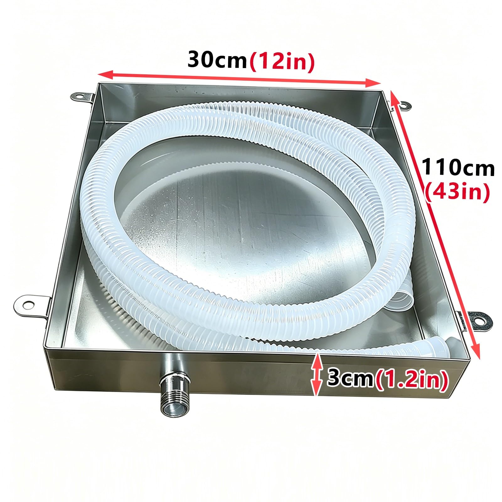 Questa vaschetta di Raccolta in Acciaio Inox con Tubo di Scarico - Vassoio di Troppo Pieno Rettangolare per scaldabagno, Lavatrice, Protezione del Pavimento del condizionatore