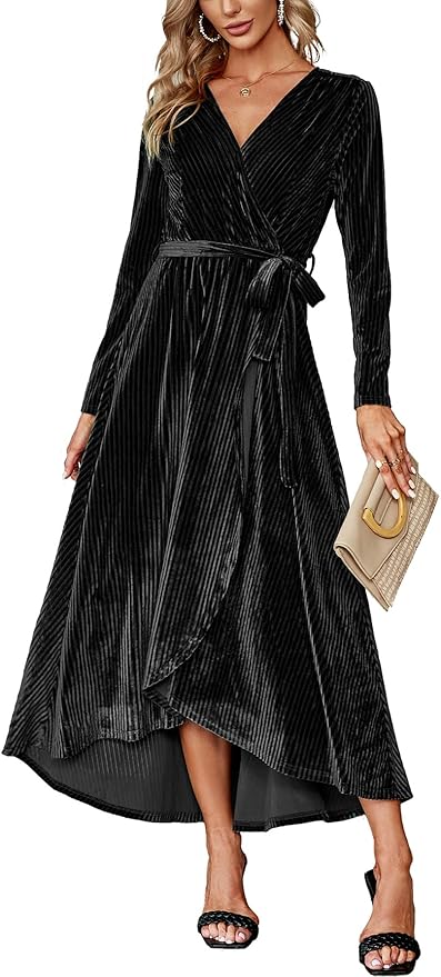 BerryGo Women's Velvet V Neck Wrap Semi Formal Dress