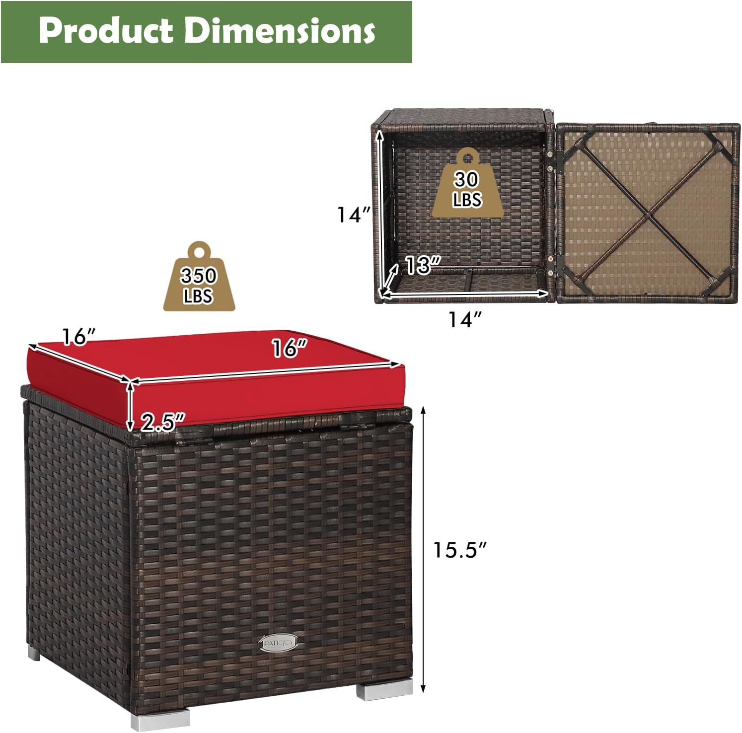 DORTALA Outdoor Storage Ottoman Wicker 2 Piece, Patio Ottomans PE Rattan Foot Rest Footstool with Cushions for Couch, Chair, Red