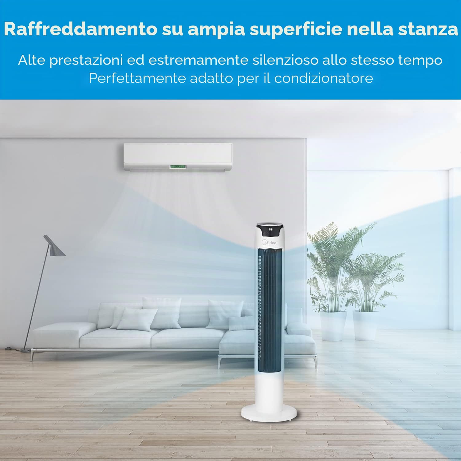 Midea FZ10-16AR Ventilatore a torre con telecomando, 110 cm, con oscillazione 60°, 6 livelli di velocità, 3 ventilazioni, timer 12H, bianco