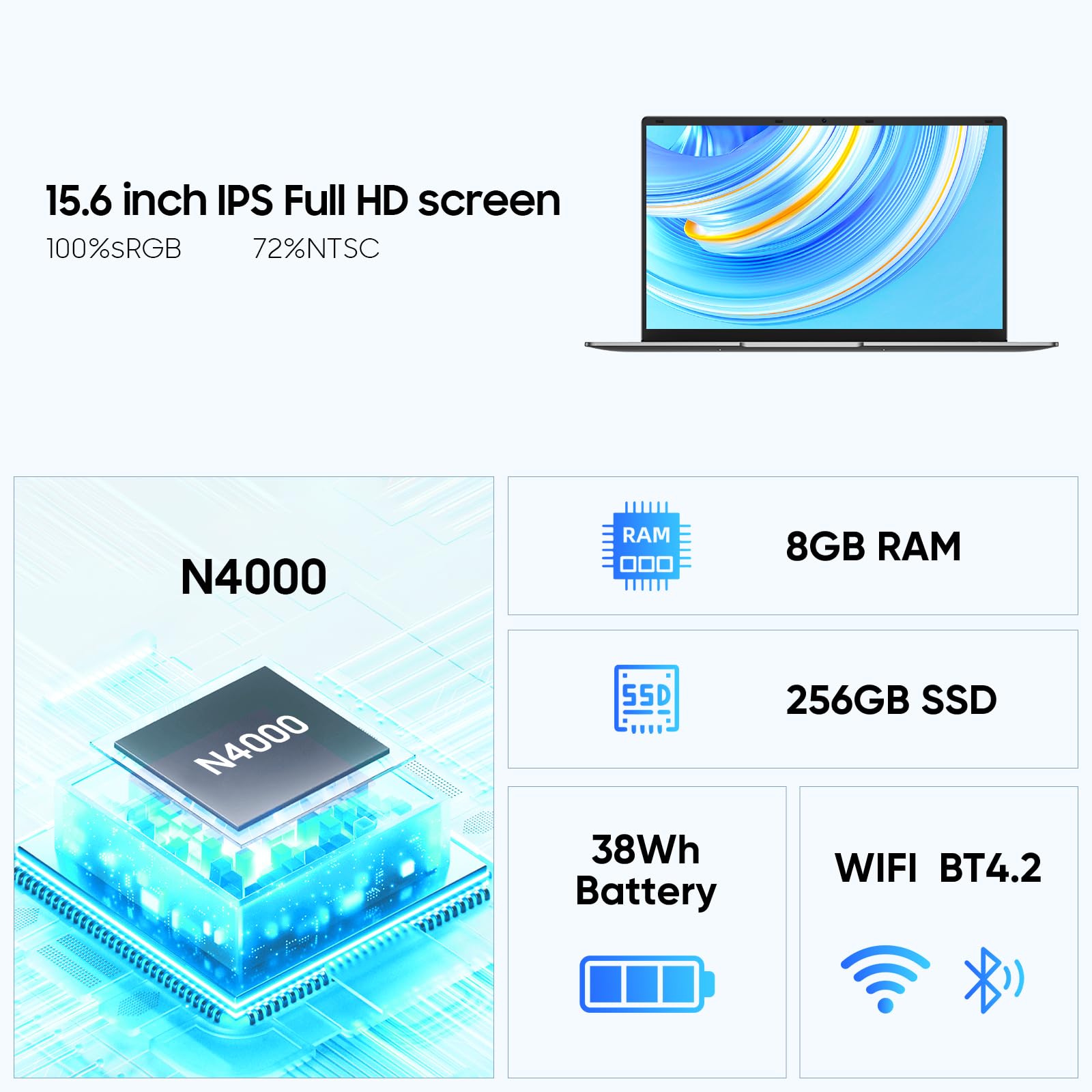 EYY 15.6" Laptop Computer, Laptops with 8GB RAM 256GB SSD, 100% sRGB Screen, Celeron N4000 Processor(up to 2.6GHz) Notebook, Dual Band WiFi丨BT 4.2丨HDMI丨Long Battery Life
