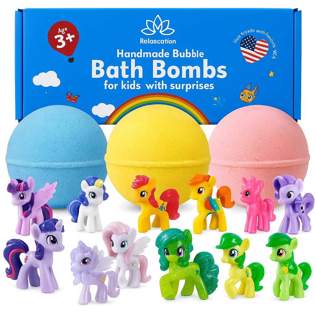 Bath Bombs for Girls Surprise - 3 Natural Handmade Bath Bombs for Kids with Pony Toys Inside - Cool Surprises for Girls, Boys, Teens - Handmade in USA