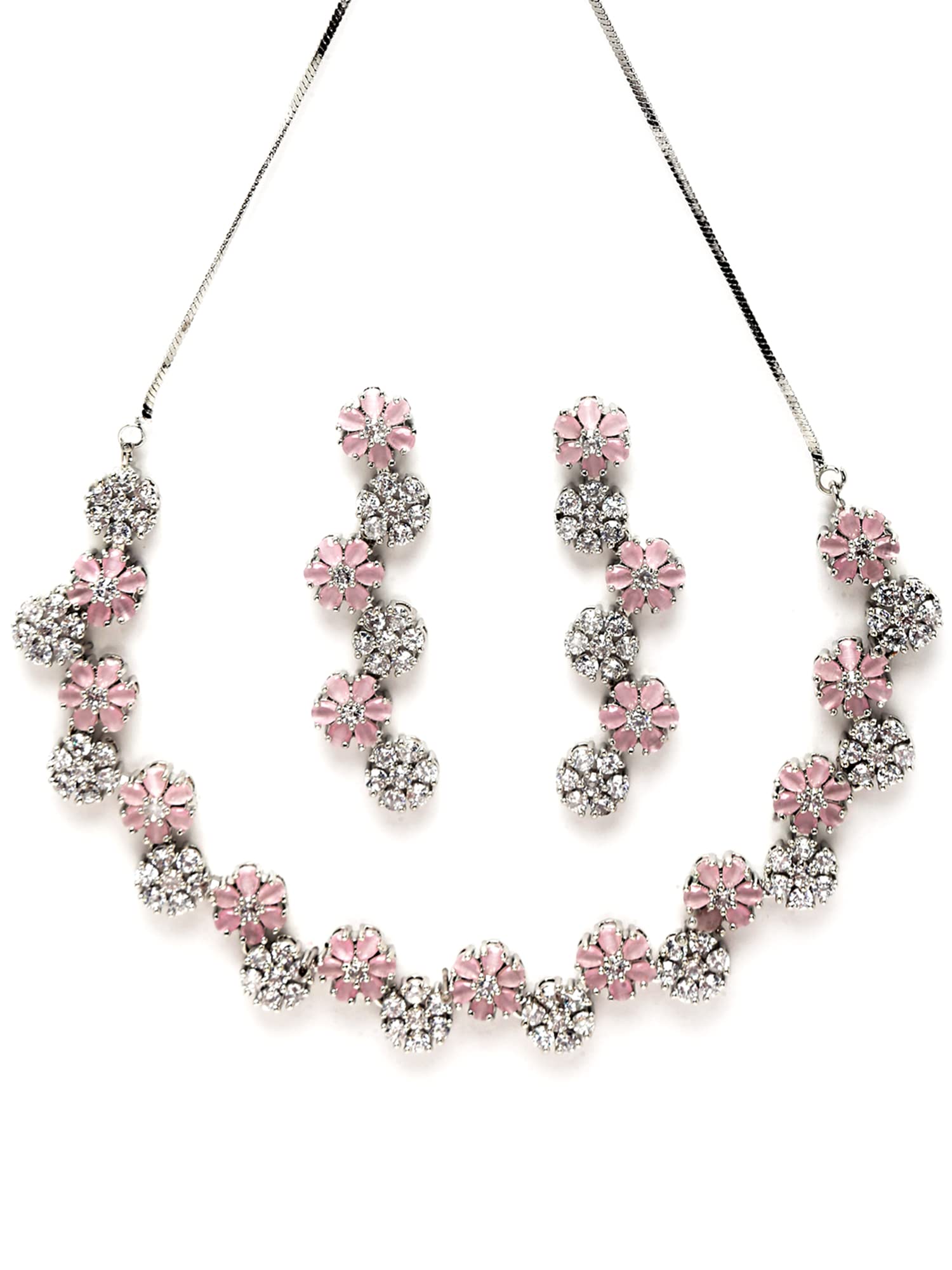Karatcart Silver Tone Pink Floral AD Necklace Set for Women (B0B3S7W555) Amazon Price History, Amazon Price Tracker
