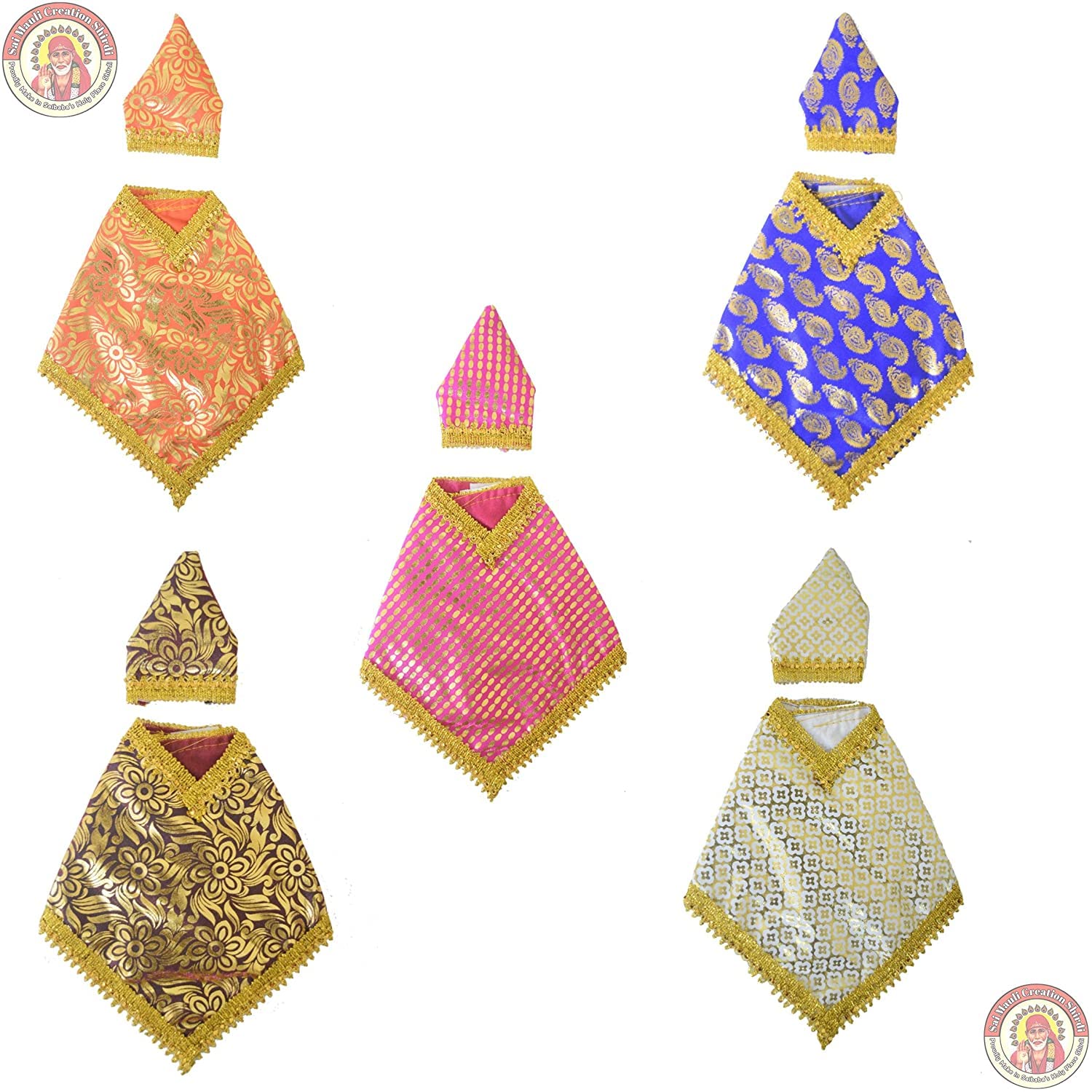 Sai Mauli Creation Shirdi Beautiful Silk Printed Handcrafted Sai Baba Poshak, Vastra, Dress (6.5inch(No-2), Set of 5)