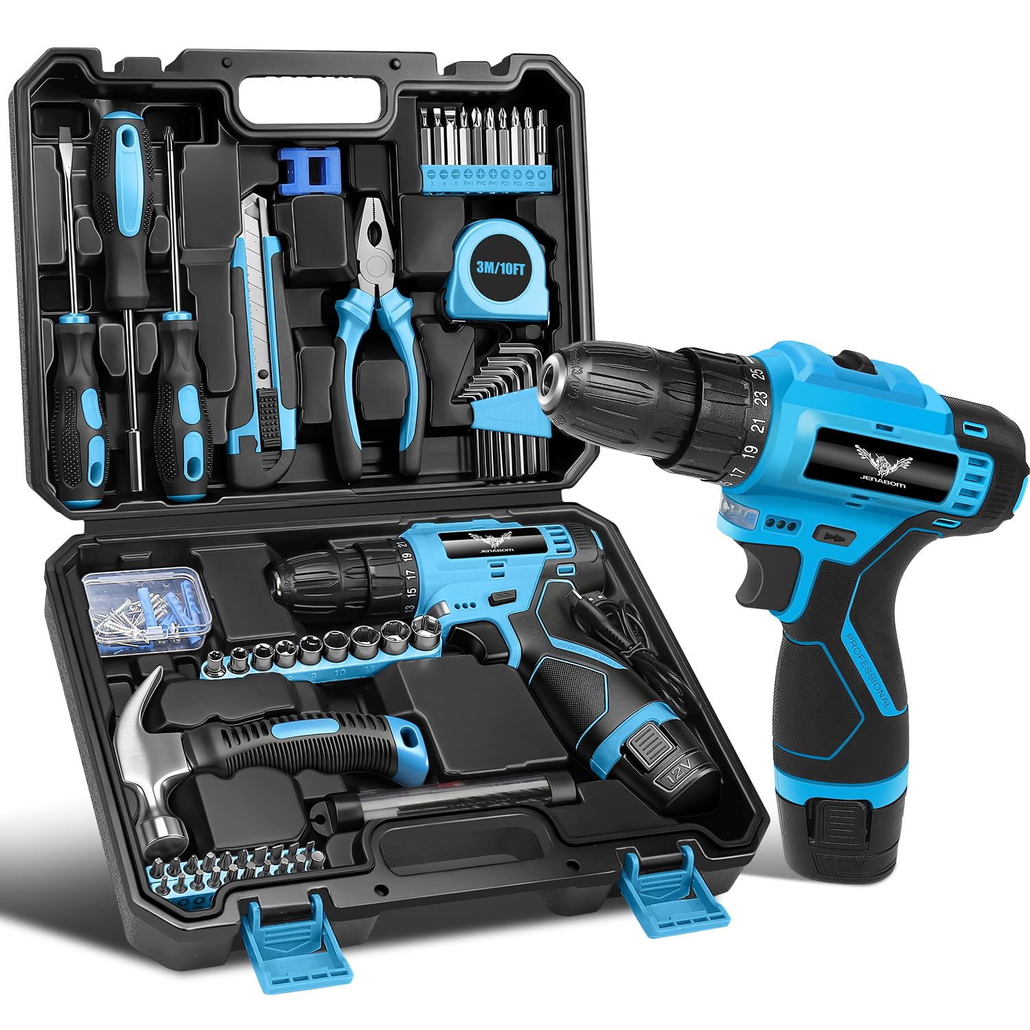 JENABOM Tool Kit: 146-Piece DIY Set with 12V Cordless Drill, Electric Drills & Hand Tools for Home — image 1