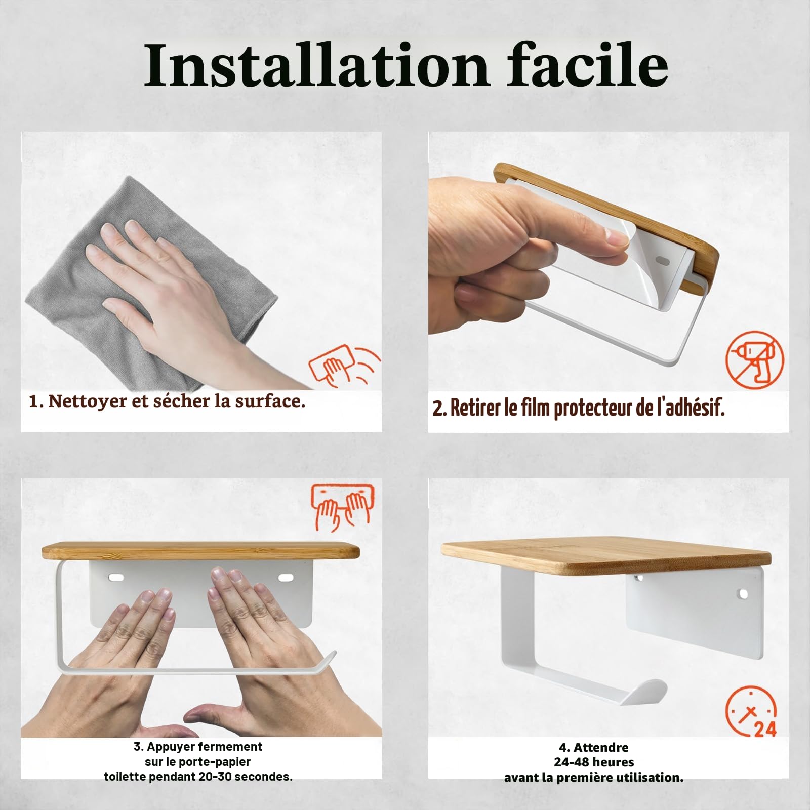 Porte Rouleau Papier Toilette Adhesif sans Percage Derouleur WC Murale avec Étagère en Bambou 2 en 1 Support Papier Toilette Mural avec Perçage Blanc