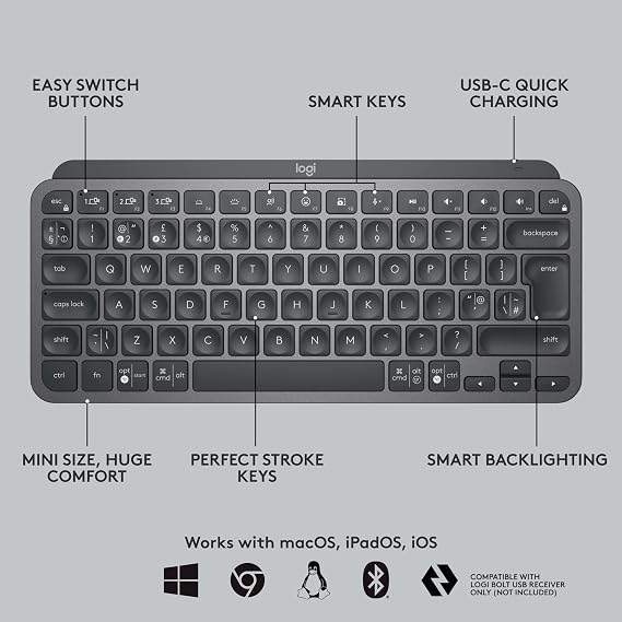 Logitech MX Keys Mini Keyboard and Lift Vertical Ergonomic Mouse Combo - Wireless, Backlit Keys, Bluetooth or Logi Bolt USB receiver, Quiet, Windows/macOS/iPadOS, Laptop, PC, QWERTY UK - Grey