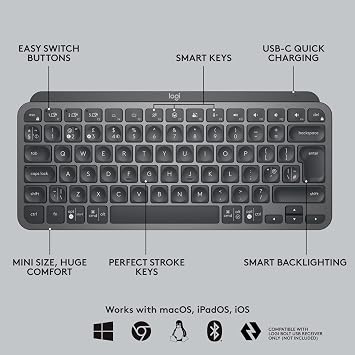Logitech MX Keys Mini Keyboard and Lift Vertical Ergonomic Mouse Combo - Wireless, Backlit Keys, Bluetooth or Logi Bolt USB receiver, Quiet, Windows/macOS/iPadOS, Laptop, PC, QWERTY UK - Grey