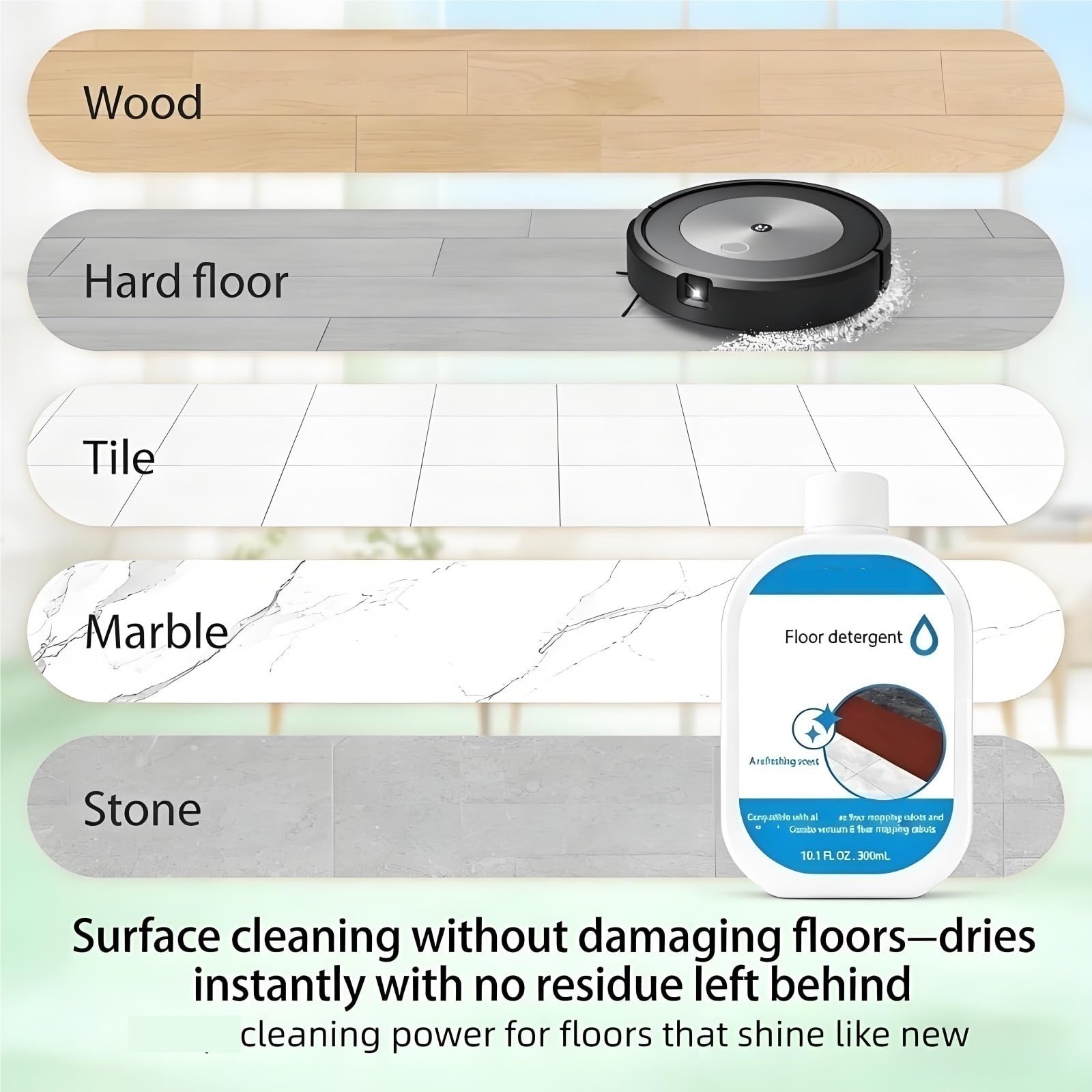 Solution nettoyante pour sols compatible avec Braava Jet 240/244/245/250/290/380t, 300 ml – Sans traces pour parquet et carrelage(5 bottle)