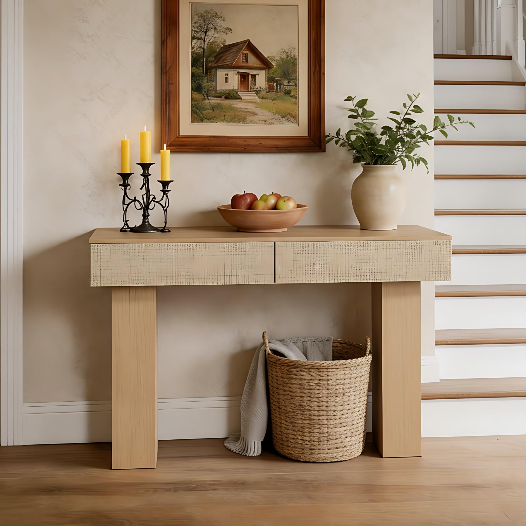 Consolle con 2 Cassetti in Rattan, 114 cm Tavolo Divano Moderno con Ripiano, Struttura in Legno Ingenierizzato per Ingresso, Soggiorno e Corridoio
