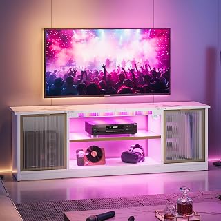 Bestier Gaming TV Stand with Music Sync Light, Flow Vibe Entertainment Center with Storage for PS5 Xbox, RGB LED Party Modes Television Stands for 50/55/60/65 inch TV (White Marble, 57 inch) - Amazon product rated Grade A