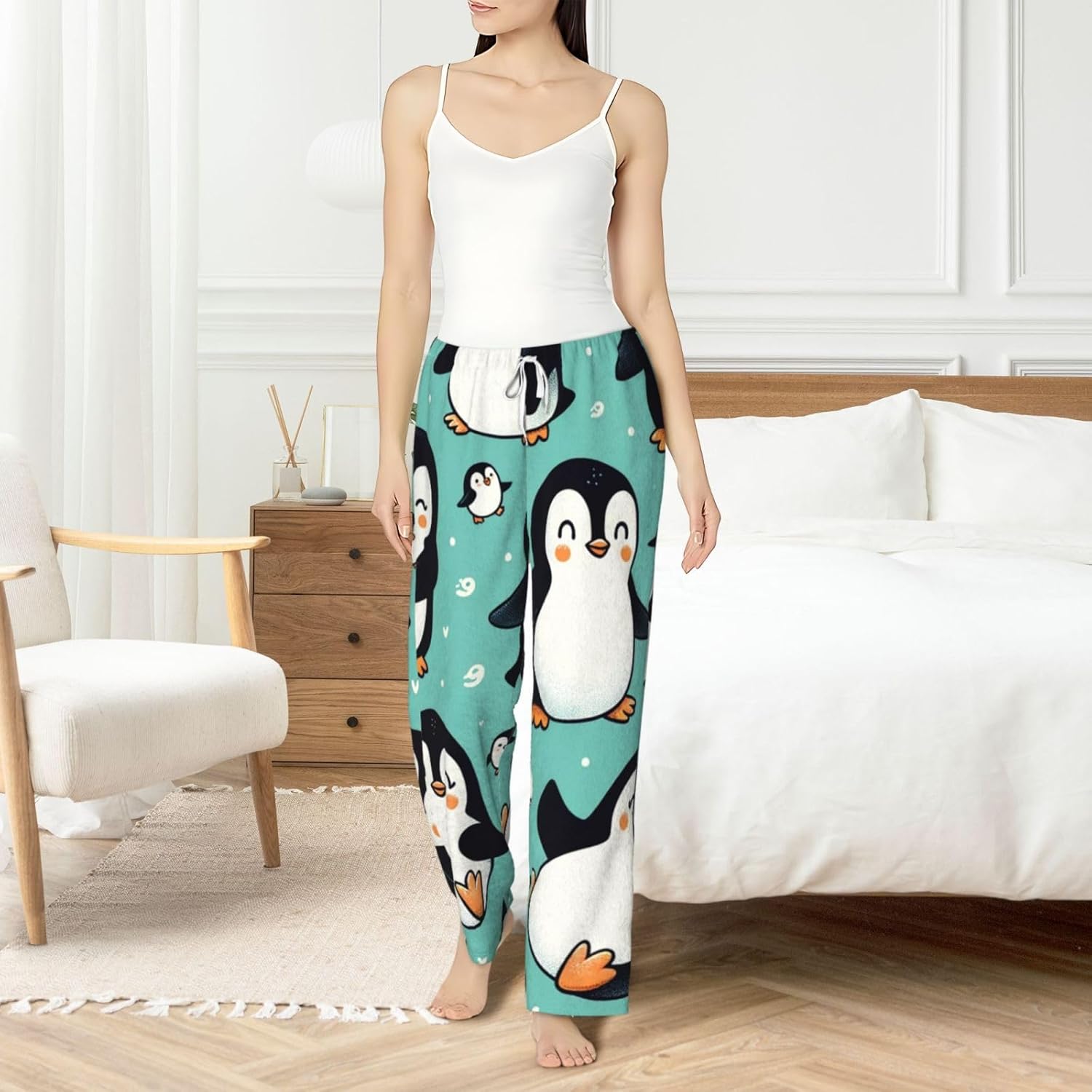 Women'S Cute-Penguins-Pattern Fleece Pajama Pants, Cozy Flannel Lounge Bottoms For Women