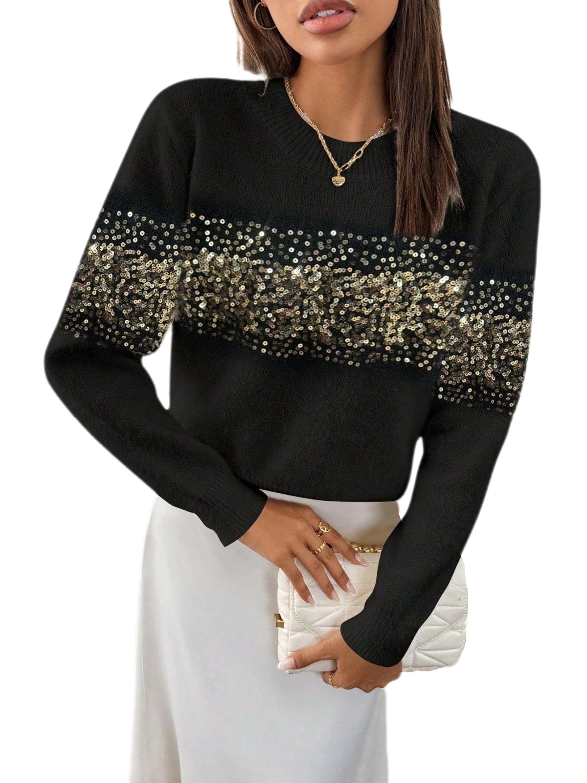 Womens Crew Neck Glitter Rhinestone Knit Sweater Sequin Fall Winter Warm Comfy Long Sleeve Pullover Tops