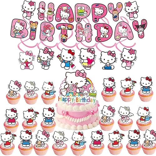 Los suministros de fiesta de Hello Cat incluyen 1 pancarta de feliz cumpleaños, 1 adorno para pastel, 24 adornos para cupcakes y 6 espirales disponible en Yaxa Venezuela