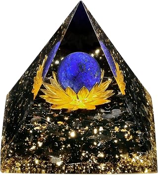 mookaitedecor Lapis Lazuli Crystal Sphere Orgone Pyramid with Obsidian Tumbled Stones and Golden Lotus Orgonite Energy Generator for Protection Meditation Home Decor