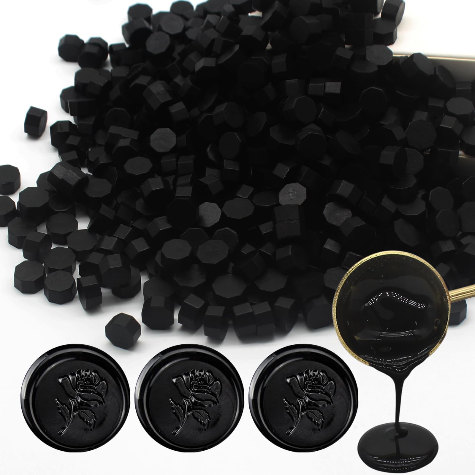 250pcs Wax Seal Beads Black, Andotopee Premium Sealing Wax Beads for Stamp Seals, Octagon Seal Stamp Pellets Refill Pack for Wedding Invitation, Letter Envelope, Scrapbook DIY, Formal Documents