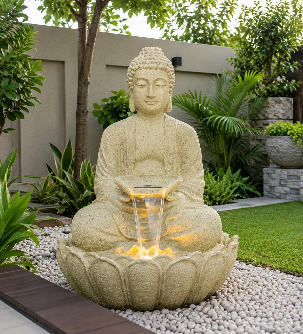 Kamal Buddha Water Fountain Big Size|Items for Home and Office dcor|3 Feet Kamal Buddha Fountain with LED Lighting for Outdoor|Water Fountain for Home & Garden (Beige, 3 Feet)-image-30
