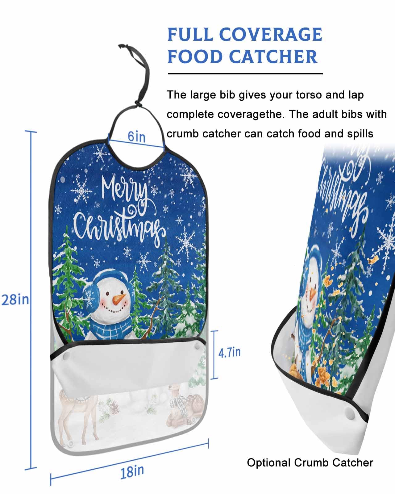 Christmas Adult Bib for Adults Men, Women, Winter Blue Snowman Pine Tree Snowflake Deer Washable & Adjustable Terry Cloth Bib with Crumb Catcher Reusable Waterproof Clothing Clothes Protector Apron
