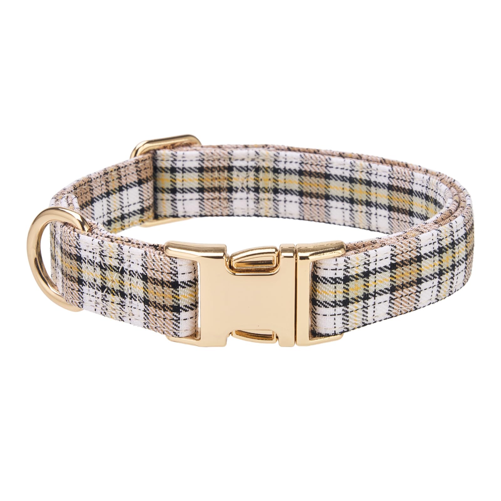 YUDOTE Beige Tartan Dog Collar,Adjustable Plaid Collar with Gold Metal Buckle,Soft Durable Checkered Pet Collar for Large Dogs,Stylish Everyday Dog Collar(Beige,Large)