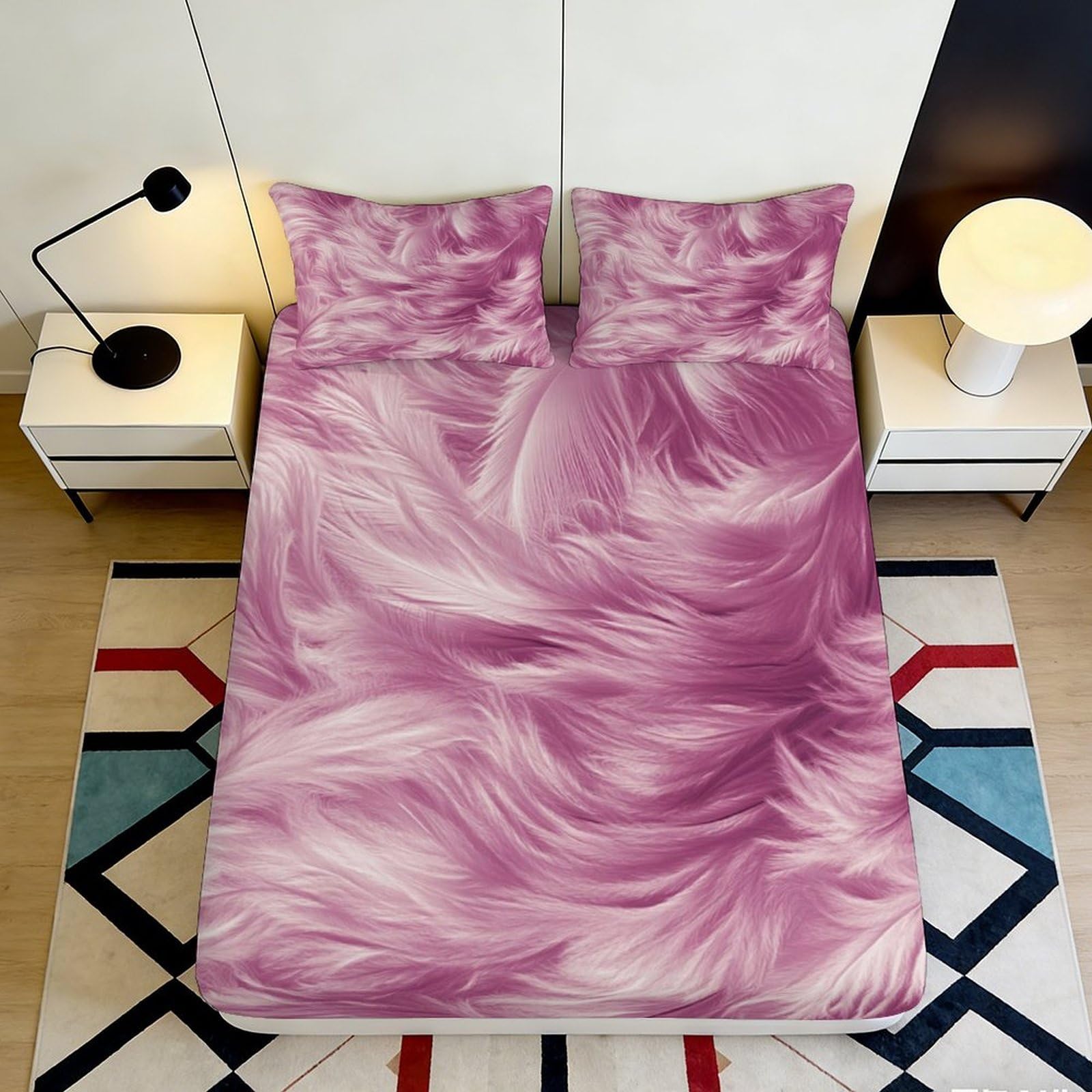 3D Printed Pink Feather Fitted Sheet Microfiber Soft Anti-Slip Swirl Pattern Mattress Cover for Bedroom Decor 90x200x25cm