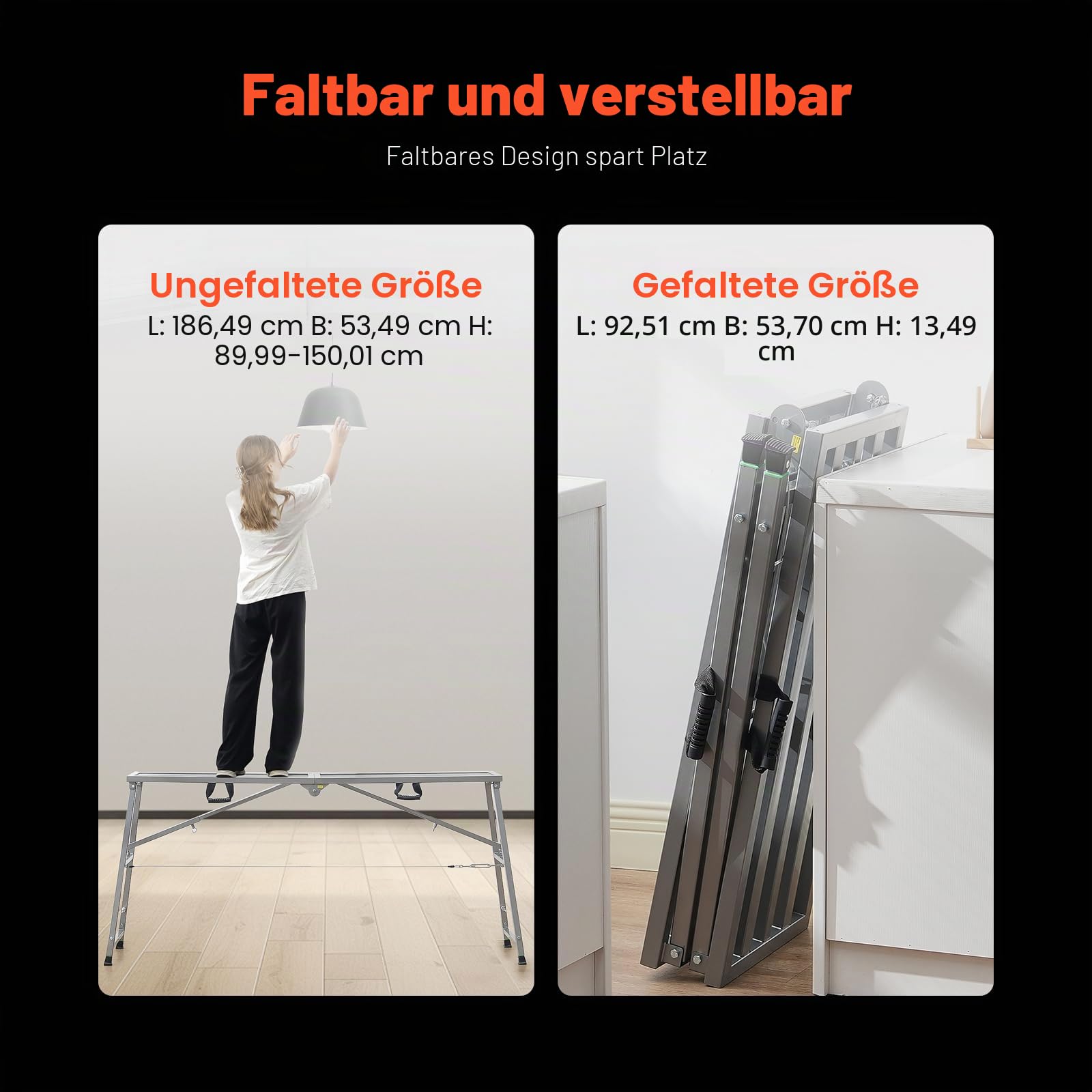 VEVOR Arbeitsplattform 900-1500 mm, zusammenklappbare Trittleiter aus legiertem Stahl, tragbare Arbeitsbühne, Tragkraft 400 kg, Trittbank Hocker zum Malen von Trockenbauwänden, Reinigen, Waschen