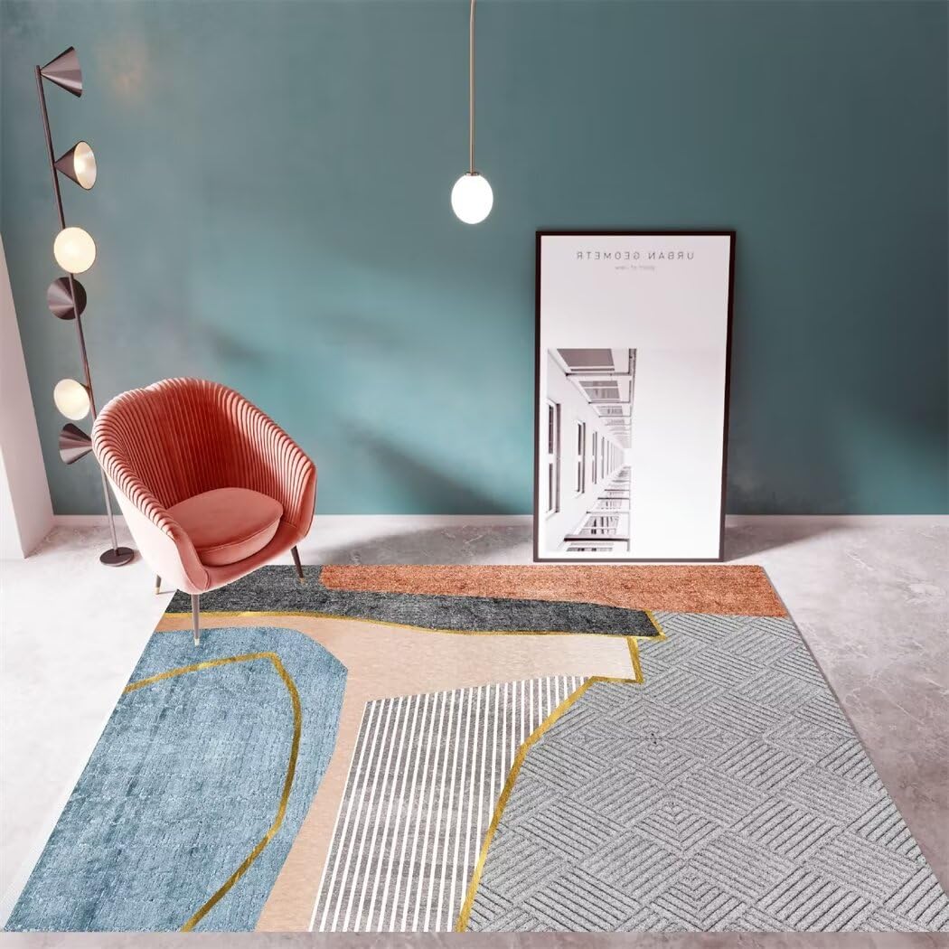 Tapis géométrique simple moderne gris et bleu pour chambre ado