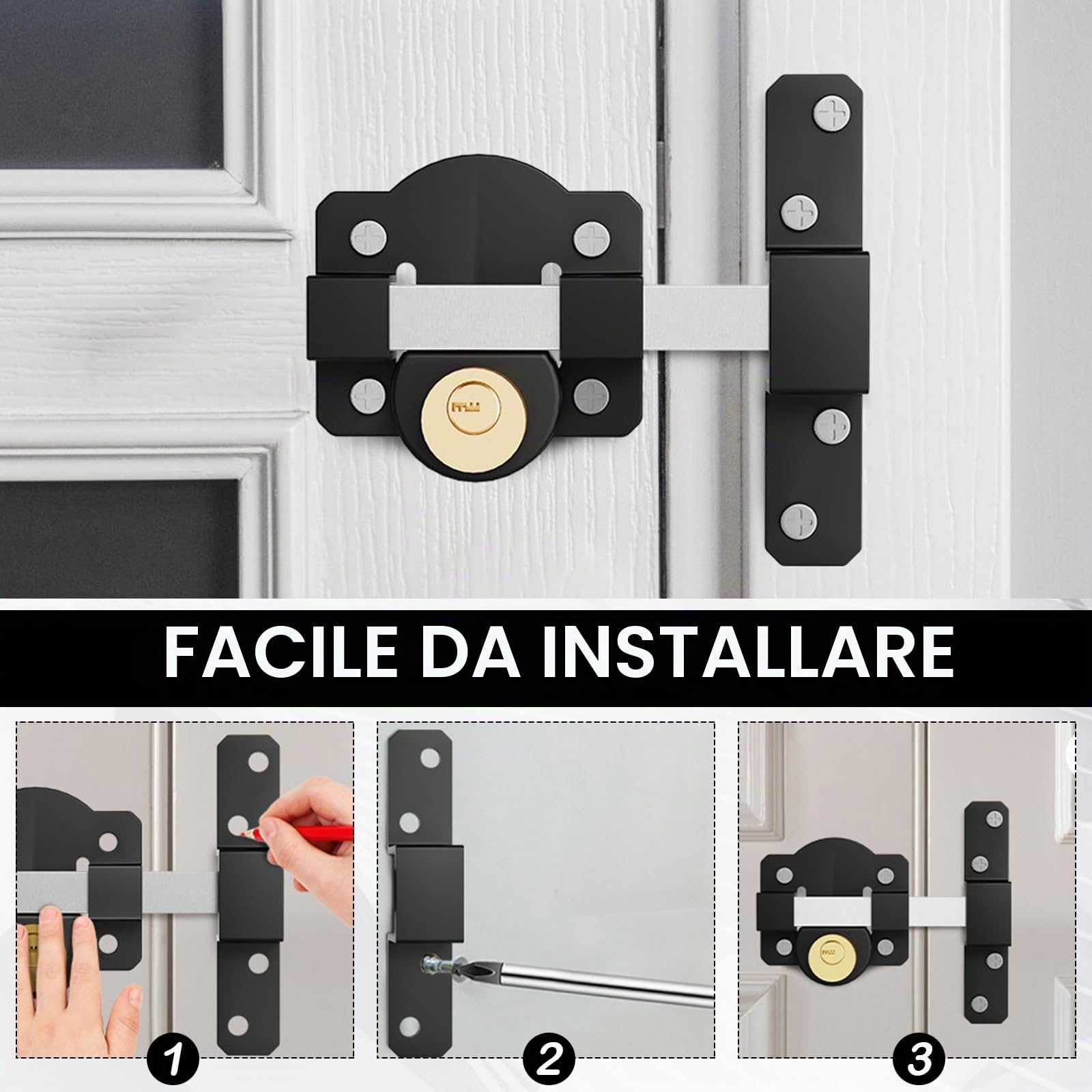 Serrature Delle Porte, Serratura Basculante Garage con Cilindro di Chiusura da 50 mm Doppia Chiusura in Acciaio Inox con 5 Chiavi per Cancello da Giardino in Metallo Porta in Legno Ingressi di Casa