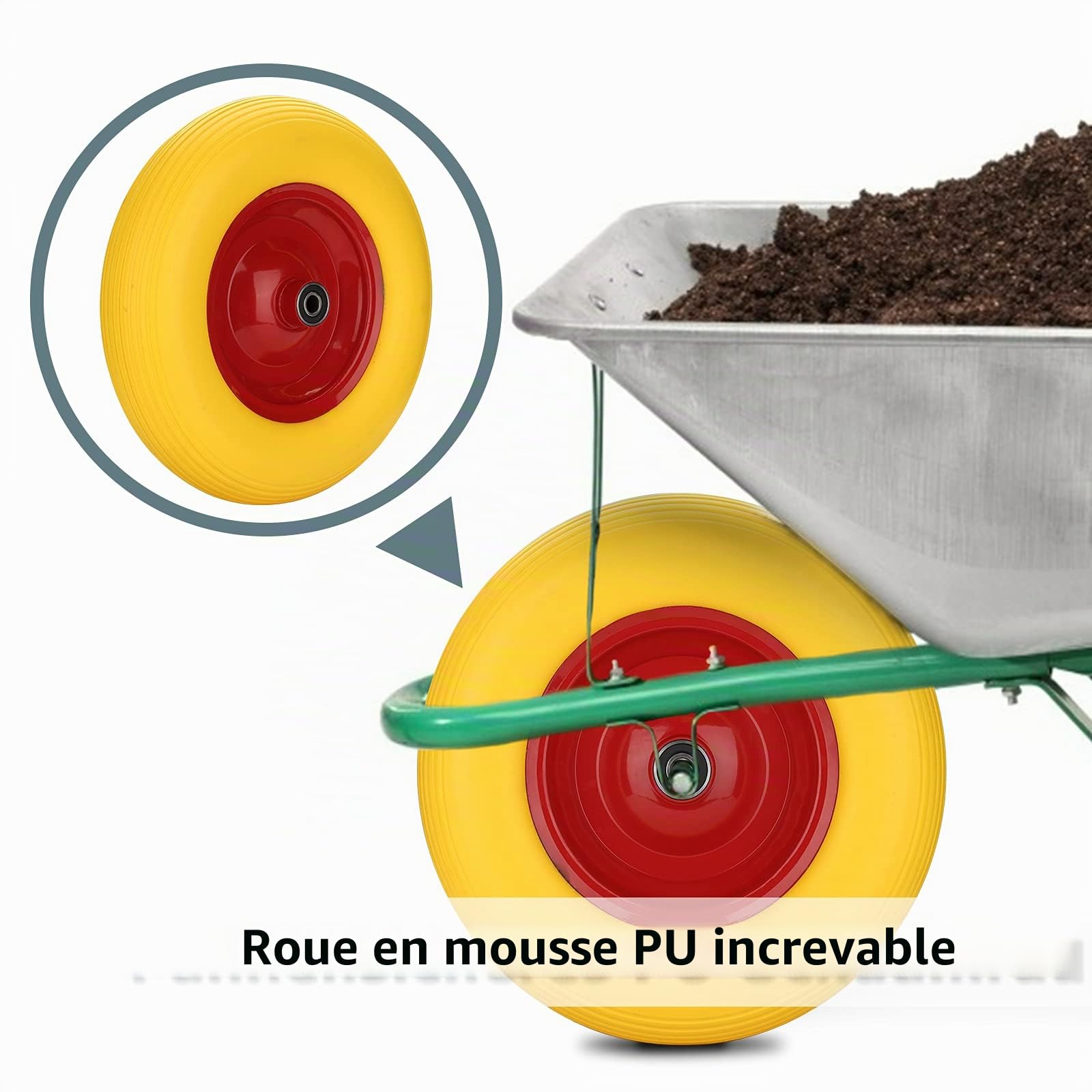 Lospitch Roue de brouette 4.80/4.00-8, 200 kg Anti-crevaison Axe Roue de Rechange pour brouette, PU Ø390mm avec axe, polyuréthane increvable,Chariots de Jardin