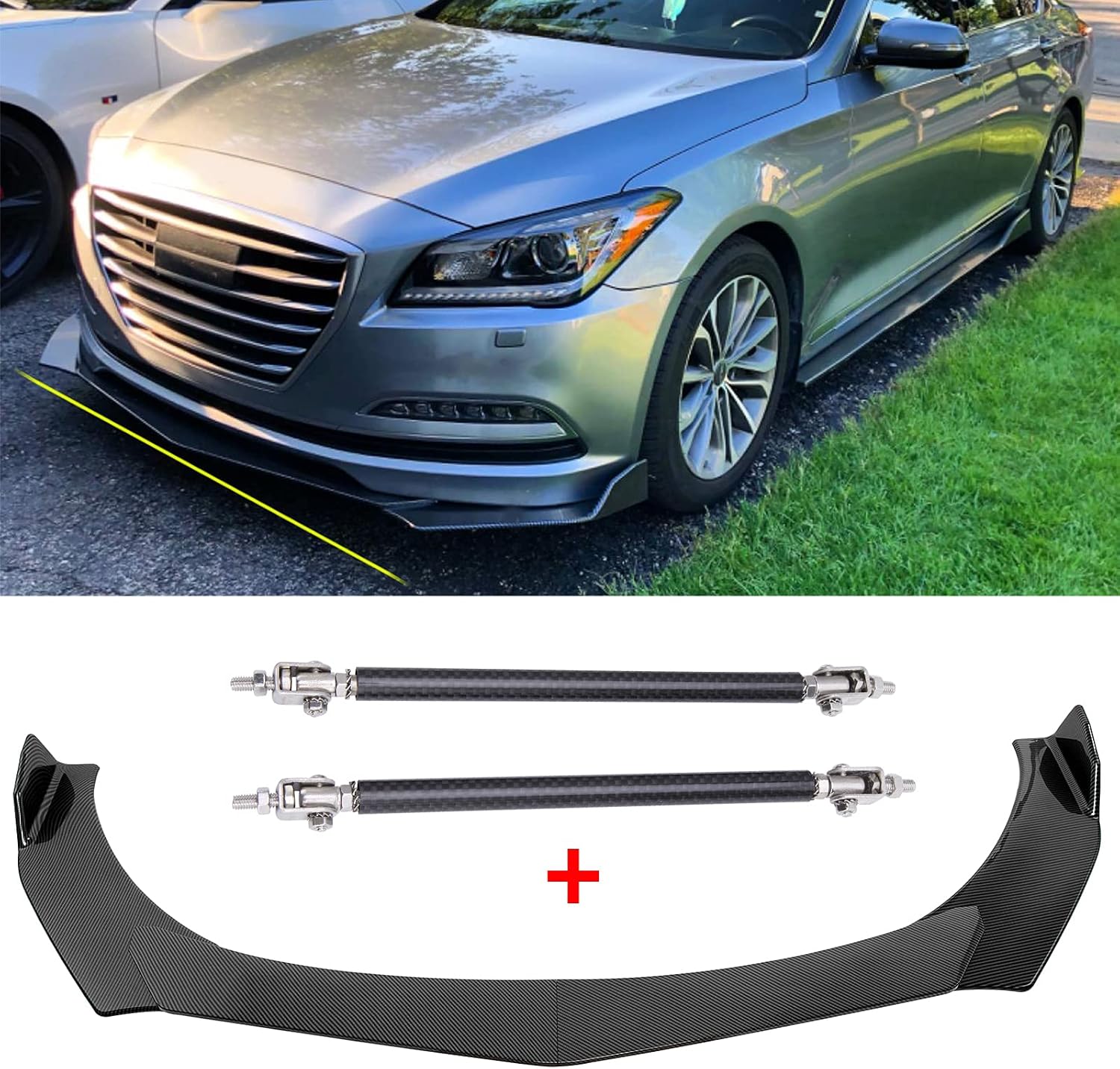 Universal Carbon Fiber Front Bumper Lip Splitter Front Lip Splitter Front Lip Spoiler Body Kits with Lip Strut Rod Compatible with Audi A4 Mustang Honda Civic Benz Mazda