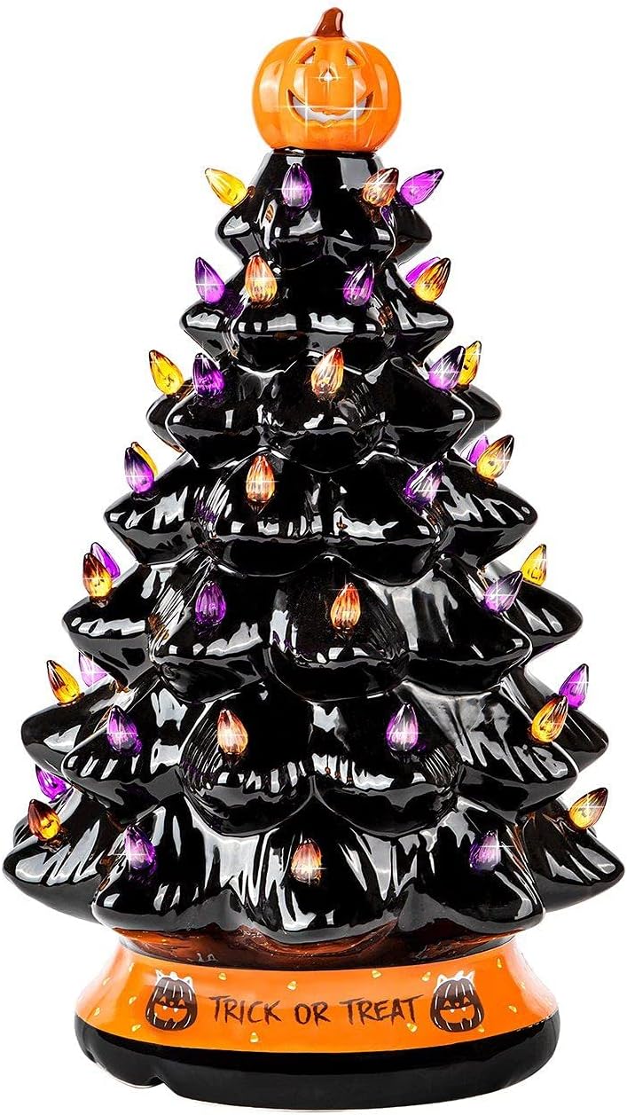 Exclusive Discount 60% Price RJ Legend Ceramic Christmas-Halloween Tree - Orange Pumpkin Head-Home Decoration-Trick Or Treat- Over 50 Multicolor Bulbs Light Up by Battery - Black-15 Inch