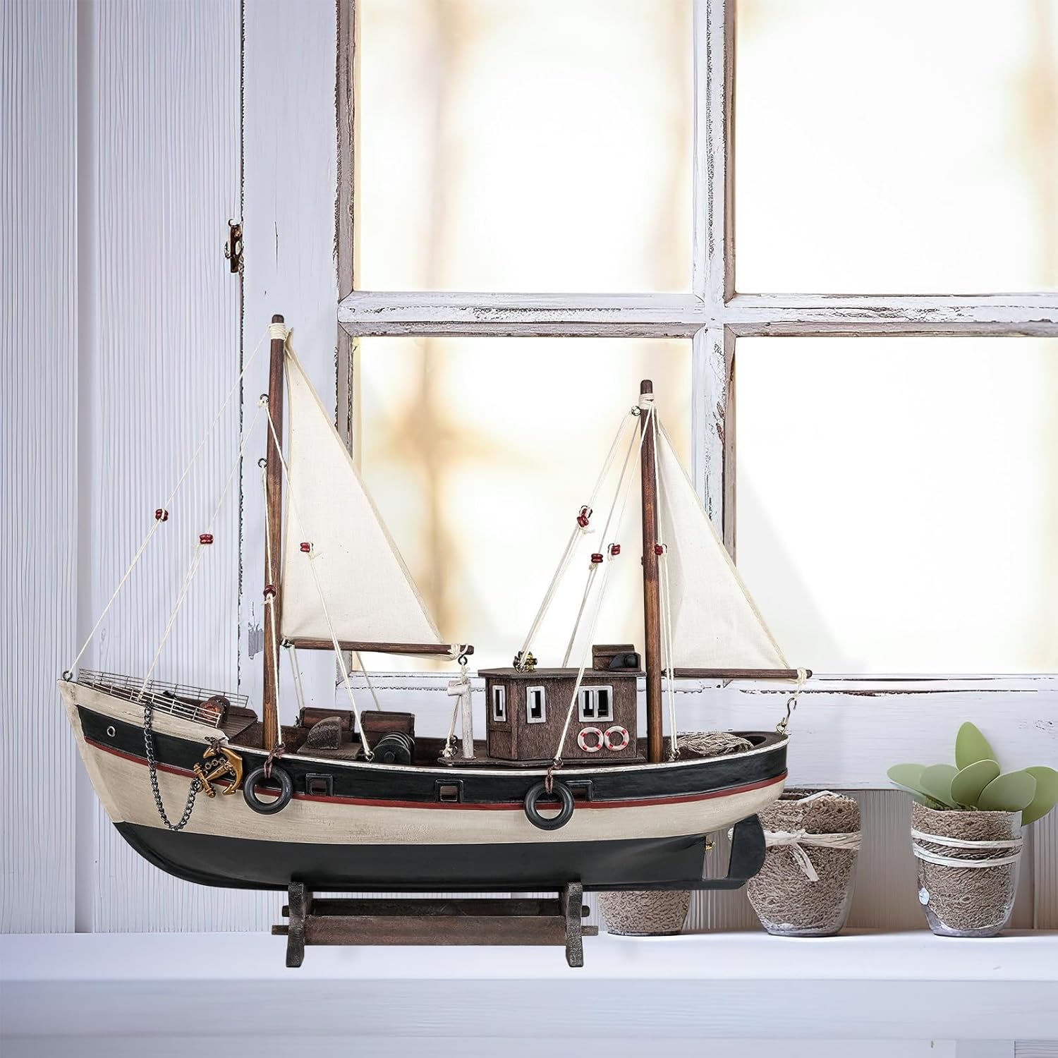 SAILINGSTORY Wooden Fishing Boat Model Ship Sailboat Decor 15"