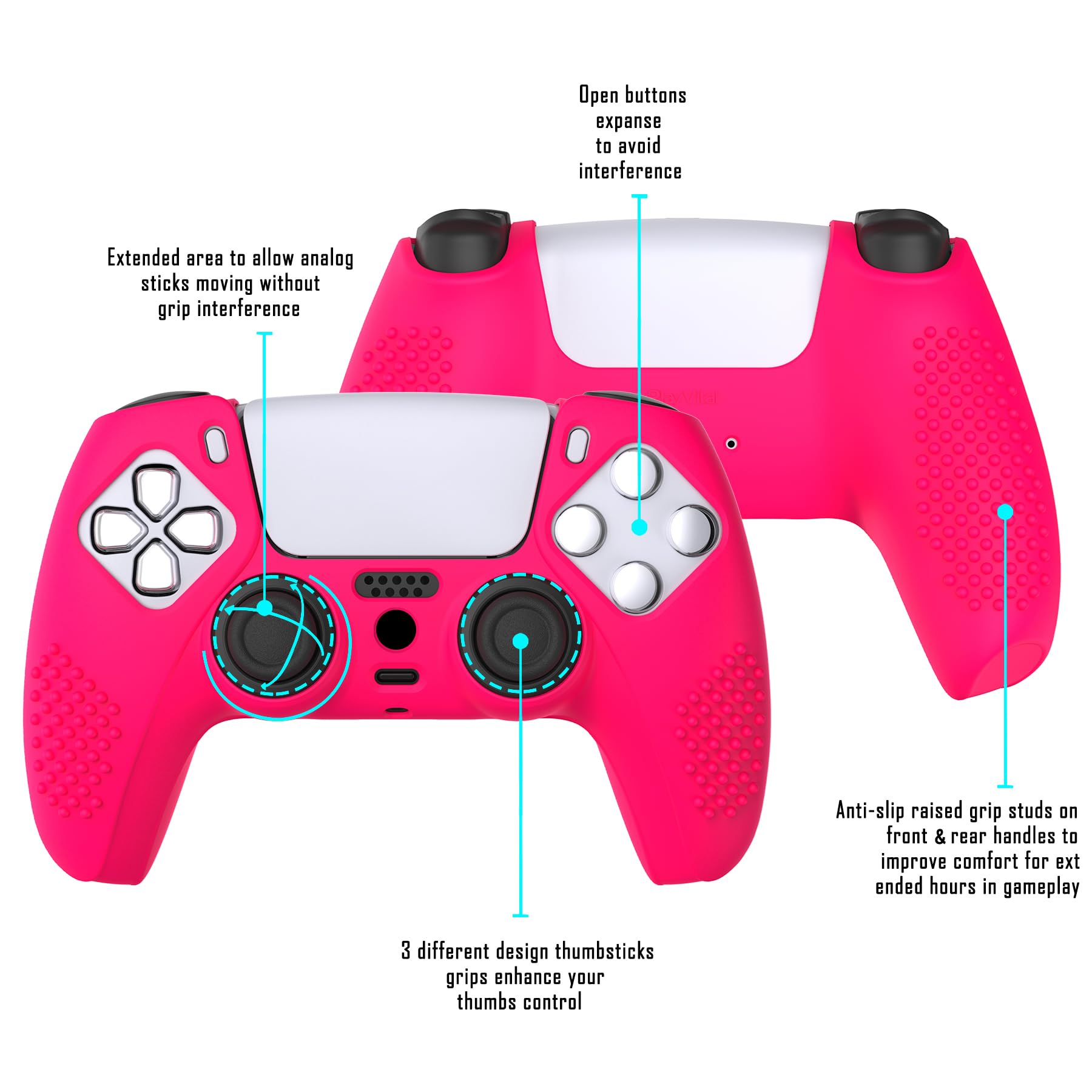 eXtremeRate PlayVital 3D Studded Edition Anti-Slip Silicone Cover Skin for ps5 Controller, Soft Rubber Case Protector for ps5 Wireless Controller with 6 Black Thumb Grip Caps - Bright Pink - 5