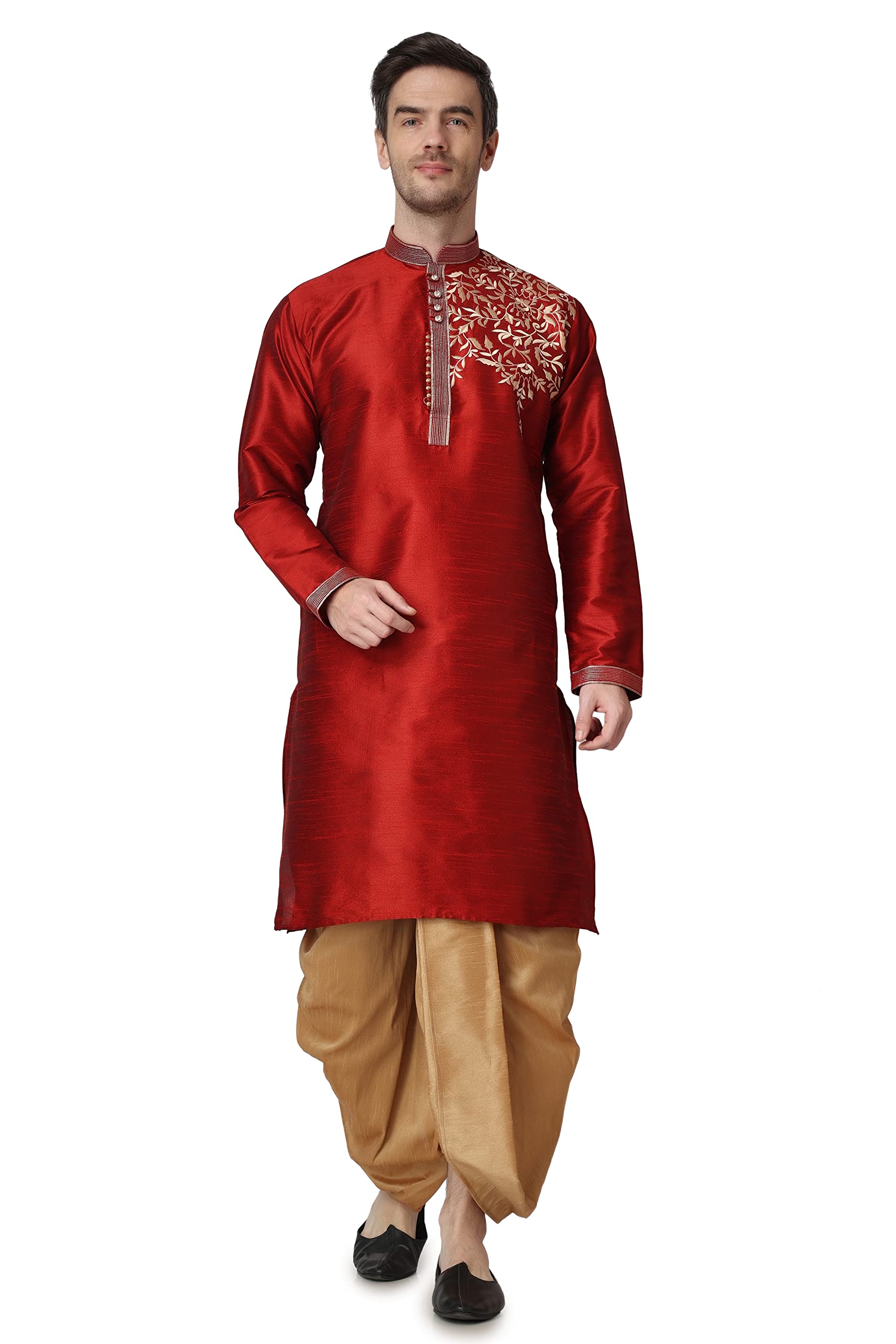 Mens Cotton Silk Embroidered Kurta and Dhoti Pant Set
