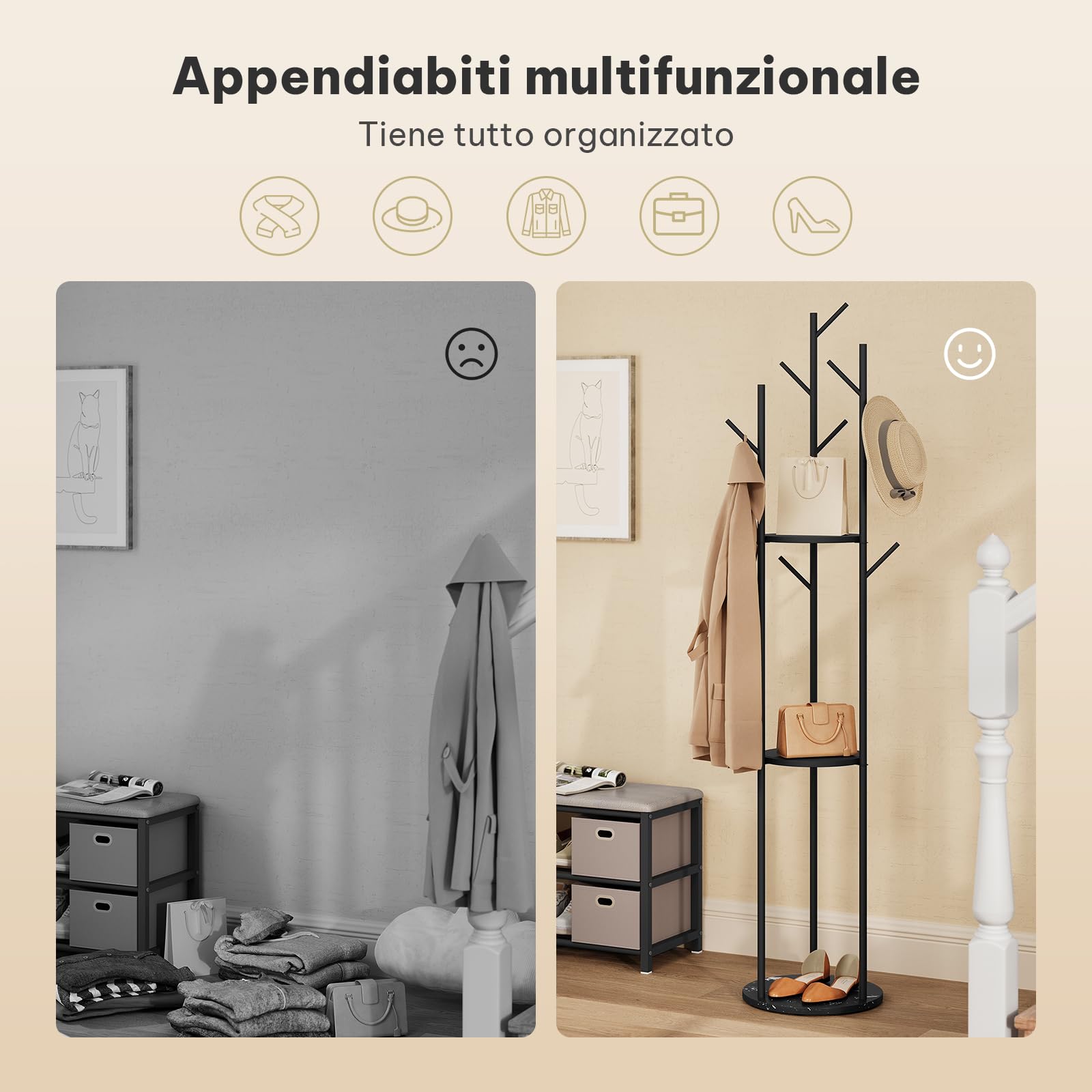 eSituro Appendiabiti, Porta Abiti da Terra a Forma di Albero, con 9 Ganci e 3 Ripiani, Appendiabiti in Metallo con Base in Marmo per Corridoio/Camera da Letto/Ufficio, Nero