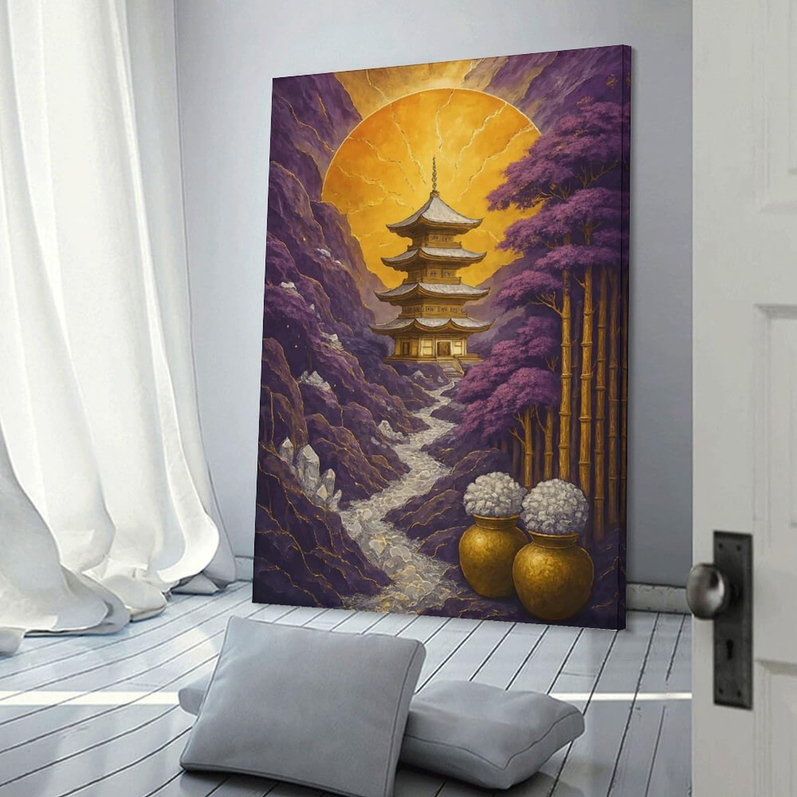 Junmoney Japanese Pagoda Landscape with Golden Sun Home Decor Wall Art 24x36inch(60x90cm), for Office, Study Or Home Workspace, Home Office Artwork with Decorative Appeal
