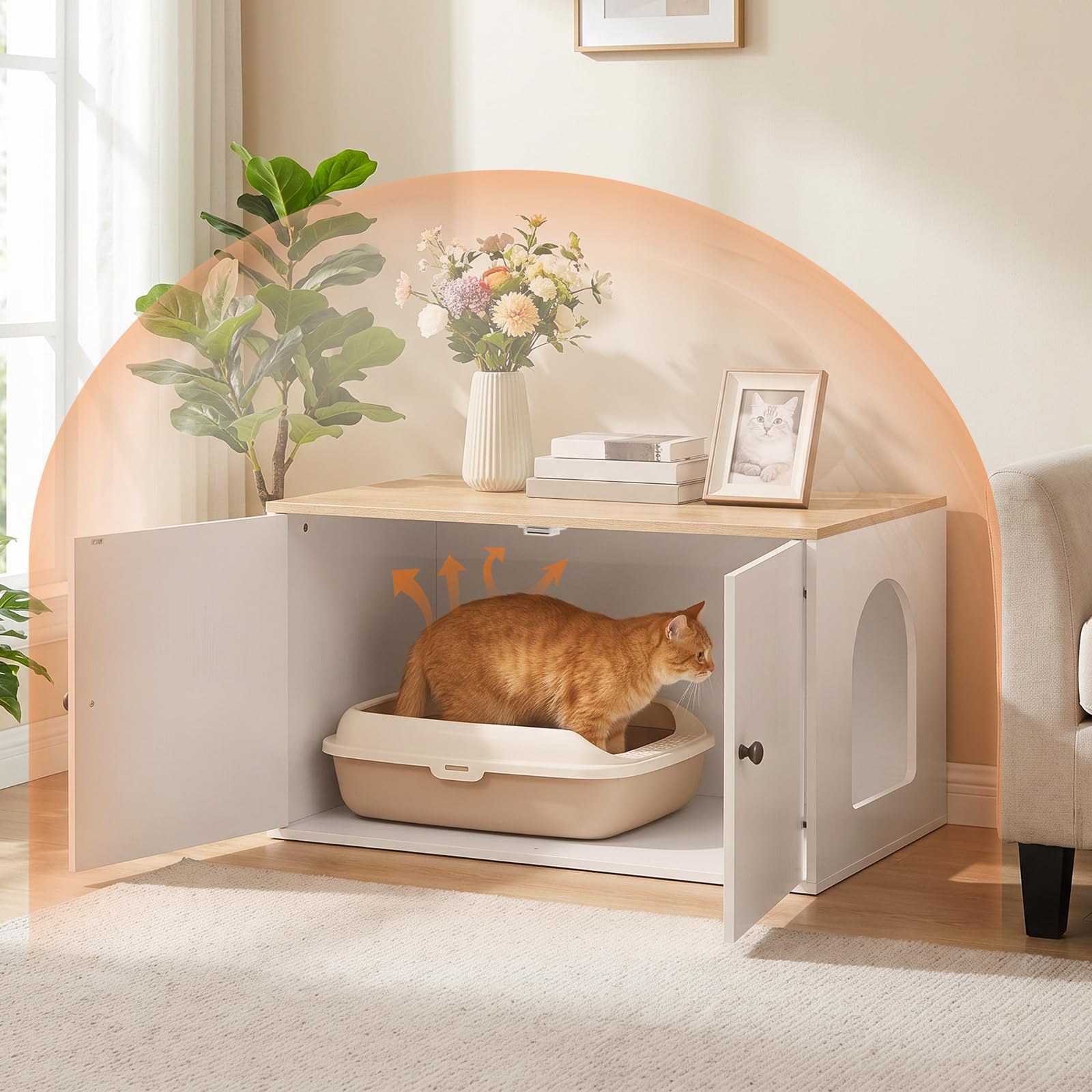 HOOBRO Casetta per Lettiera per Gatti, Mobile per Gatti con Lettiera Nascosta e Ingresso Laterale, Armadietto Nido da Interno, per Soggiorno, Camera da Letto, Bianco e Naturale EWN40MW01