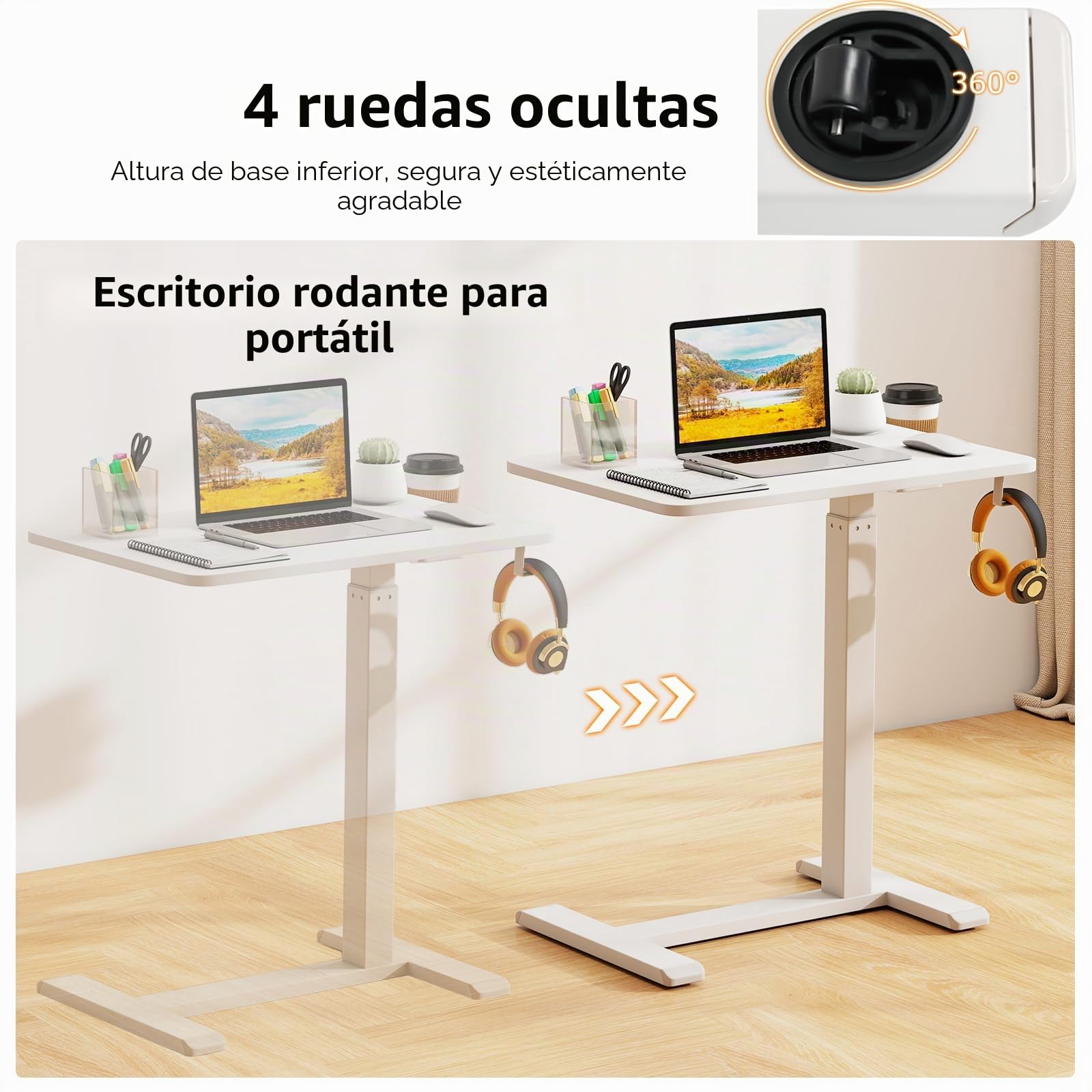 LIFEZEAL Mesa Auxiliar para Sofá en Forma de C, Altura Ajustable, Mesa Lateral para Cama, con Ruedas Ocultas, Soporte para Bebidas, Ganchos para Auriculares (Blanco)