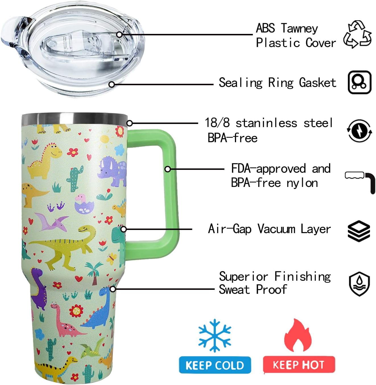 Stainless Steel Dinosaur Tumbler - 40 oz, Coffee Travel Mug with Lid and Straw, Perfect Dinosaur Gifts for Women - Image 6