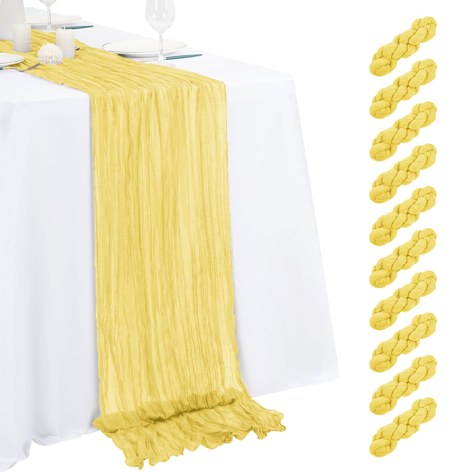 10 Pack Light Yellow Cheesecloth Table Runner 17x108 Inch Semi Sheer Boho Gauze Cheese Cloth Table Runners, for Wedding Bridal Shower Birthday Party Home Decor Garden Farmhouse