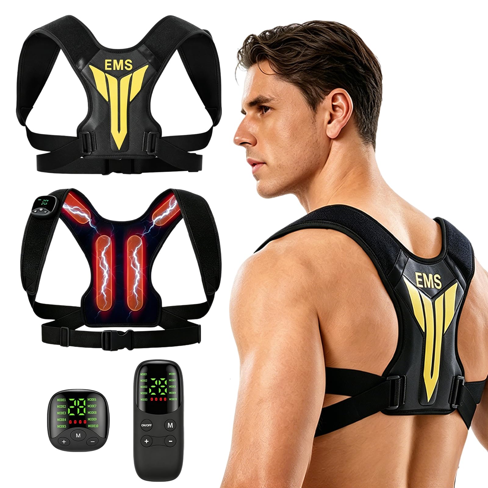 Électrostimulateur Musculaire pour Cou et Dos, EMS Masseur Dos et Cervicales avec Télécommande, 30 Niveaux & 10 Modes, Sangle Electrostimulation pour Cou Dos, Entraîneur Cou EMS pour Hommes et Femmes
