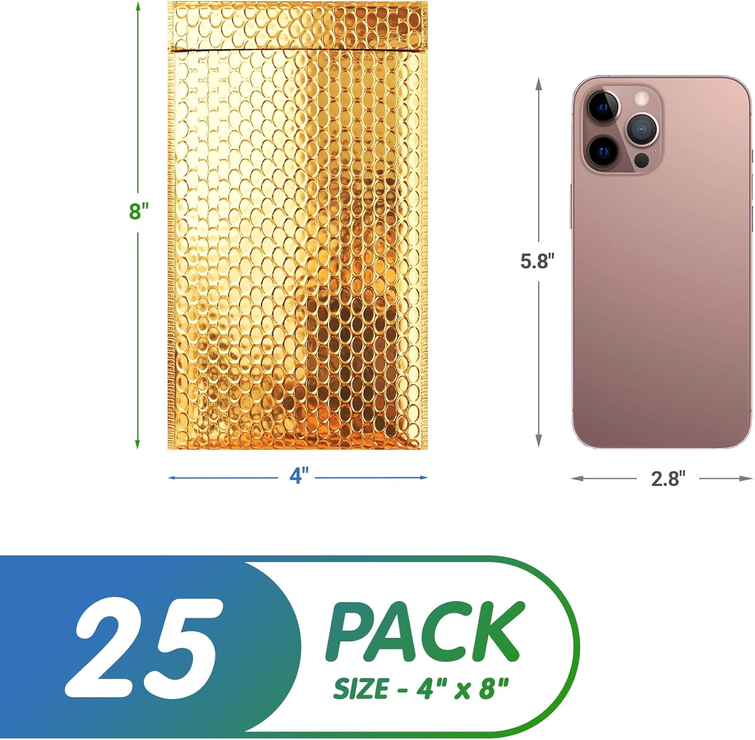 Gold Metallic Bubble Mailers, 4 x 8 Inches. Pack of 25 Padded Envelopes Waterproof. Opaque Metallic Bubble Envelope Mailer Self-Seal. Waterproof Padded Shipping Envelopes for Gifts - Image 2