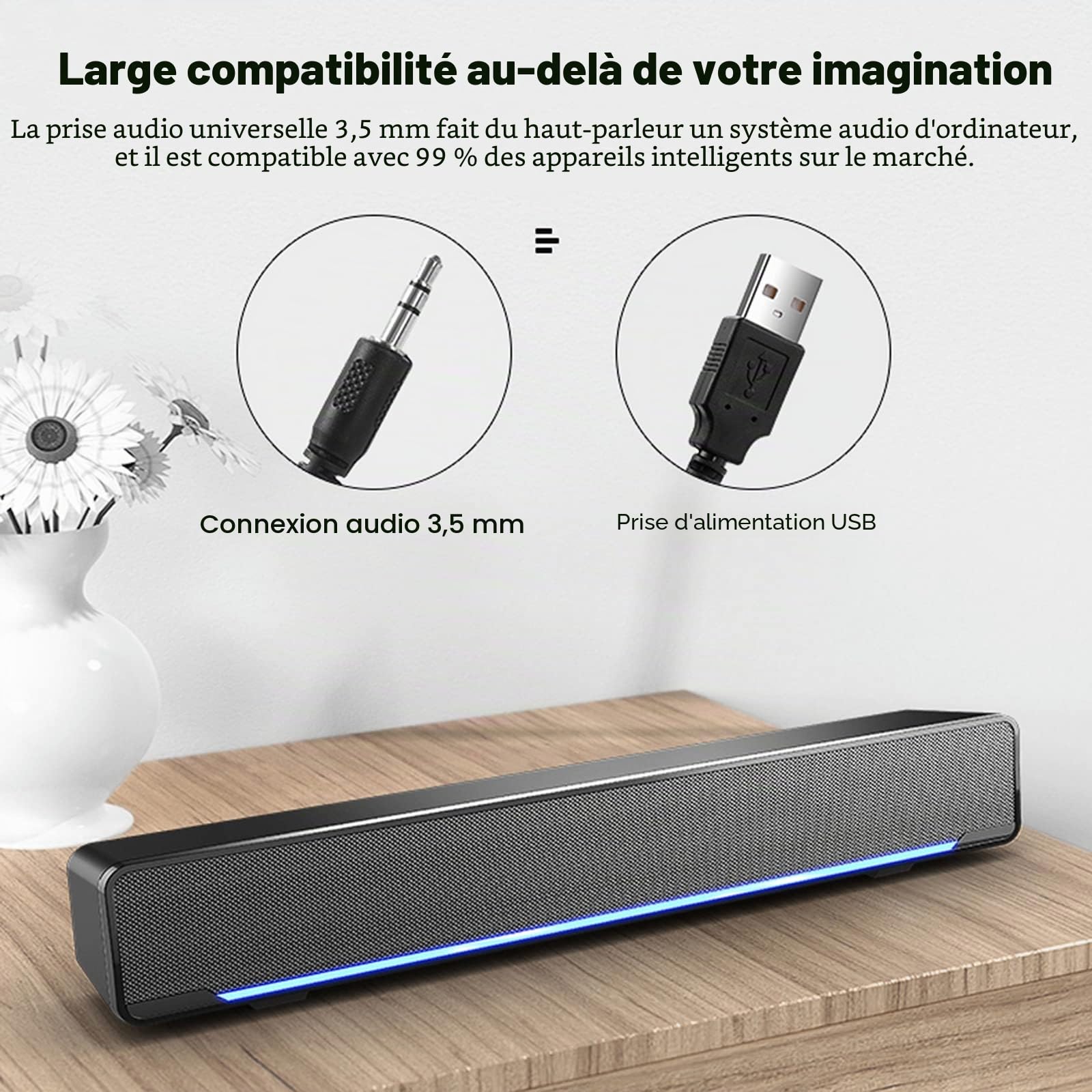 Barre de Son avec Subwoofer, Haut-Parleur Stéréo Filaire, Entrée USB/3.5mm pour PC Smartphone