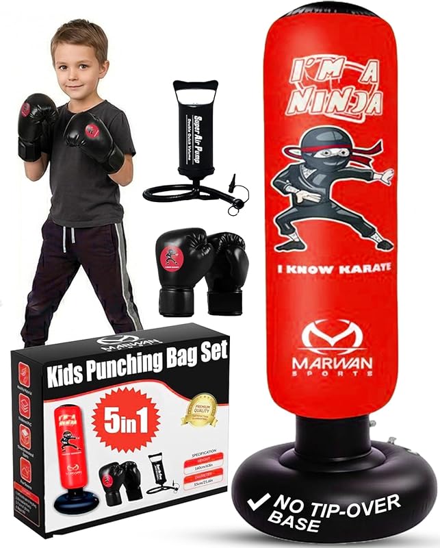 Ninja Kids Punching Bag — Inflatable Sensory Toy & Birthday Gift for Boys & Girls Ages 4-12, 63" Freestanding 5-in-1 Kit, Indoor Apartment-Quiet Sensory-Friendly Active Play