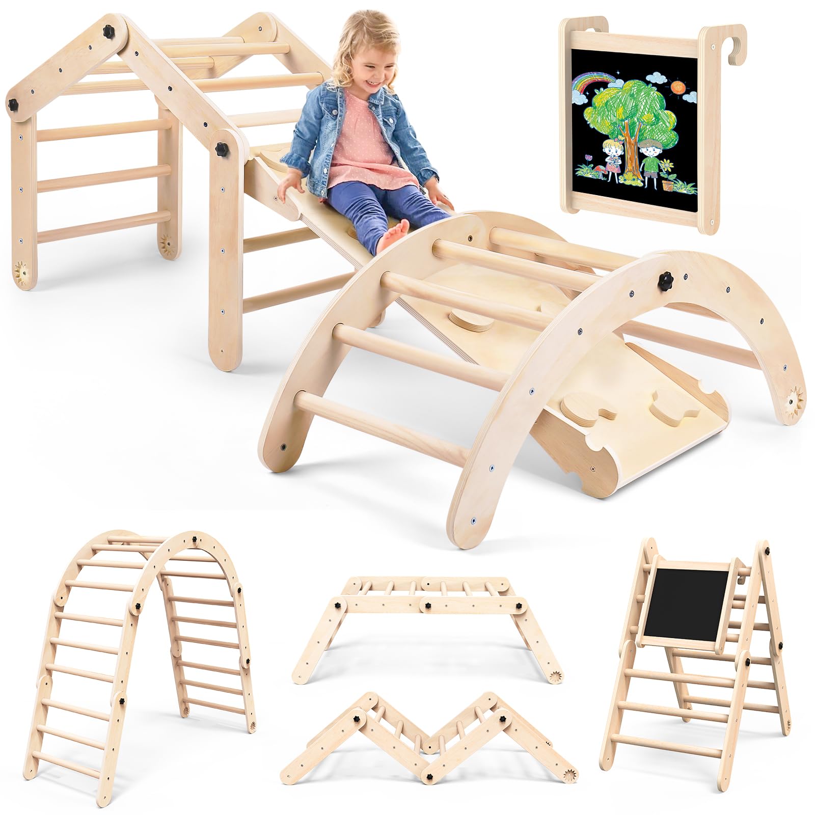 8-in-1 Montessori Klettergerüst Indoor Set, Verformbares Kletterdreieck mit Rutsche, Kletterbogen und Kreidetafel, Ideal für Babys & Kleinkinder 1-6 Jahre, Fördert Spiel, Bewegung und Kreativität