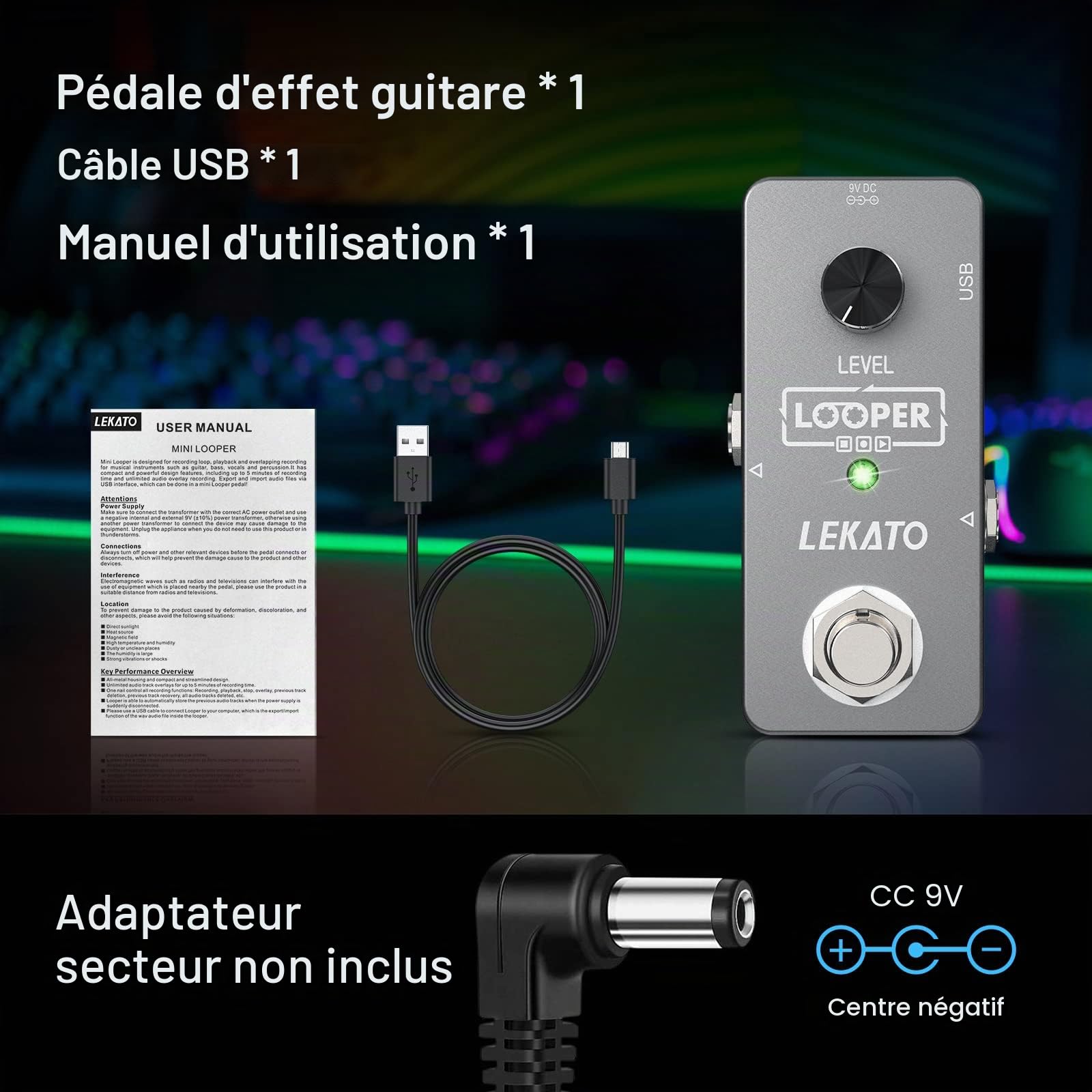 LEKATO Guitar Looper Loop Pedal Station Unlimited Overdubs Pédale d'effet de boucle de guitare avec 5 minutes de temps d'enregistrement Looper pour guitare électrique basse